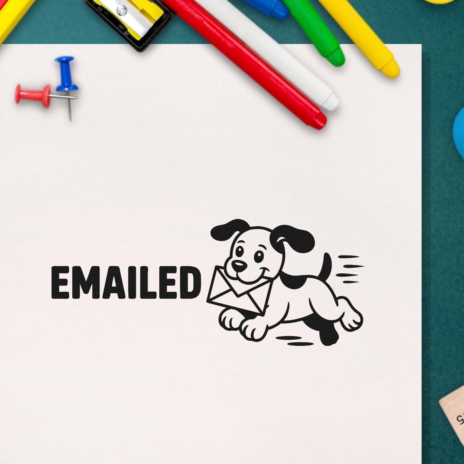 Rubber stamp with Emailed text and dog carrying envelope, used to mark emailed correspondence on office paperwork.
