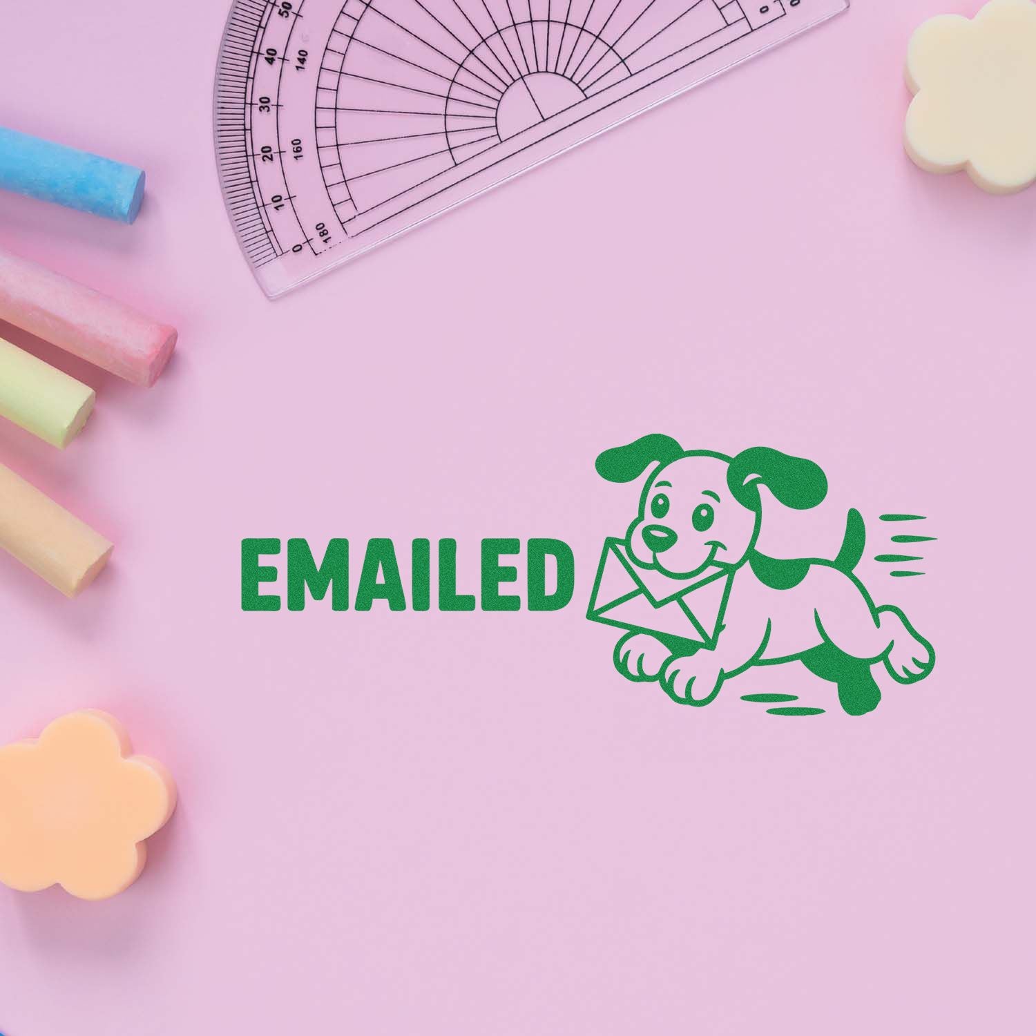 Green EMAILED dog rubber stamp design on pink background, perfect for mail processing, office use, and craft projects.