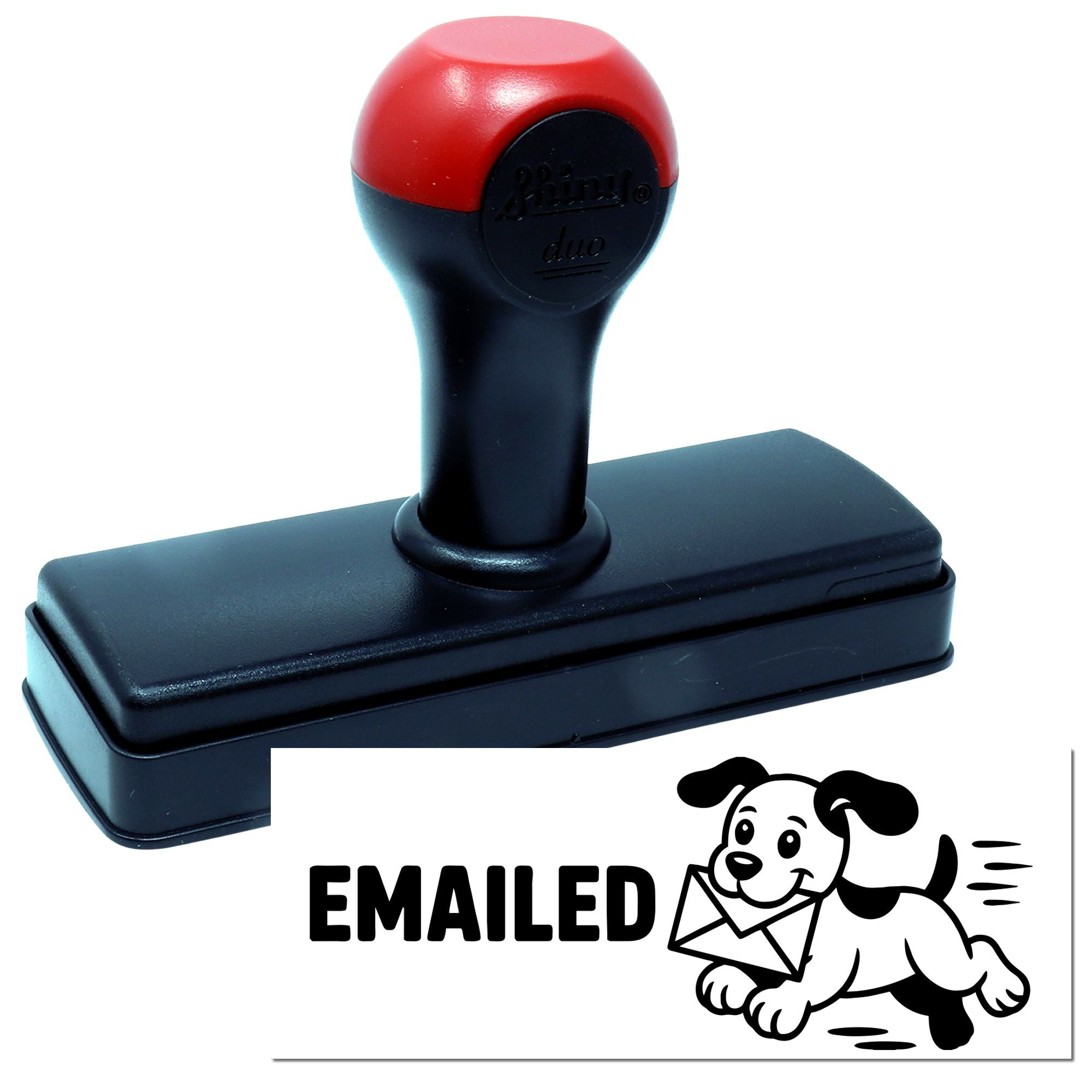 Self-inking EMAILED rubber stamp with dog carrying envelope design for office mail tracking.