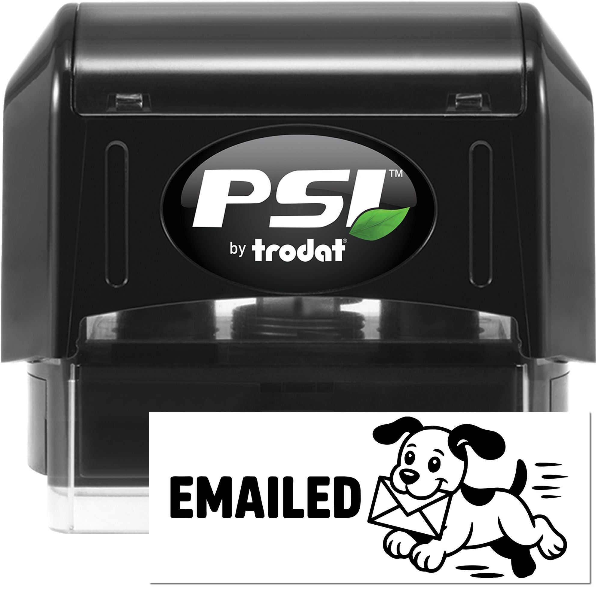 Self-inking PSI by Trodat rubber stamp with custom Emailed dog-and-envelope imprint for office mail tracking