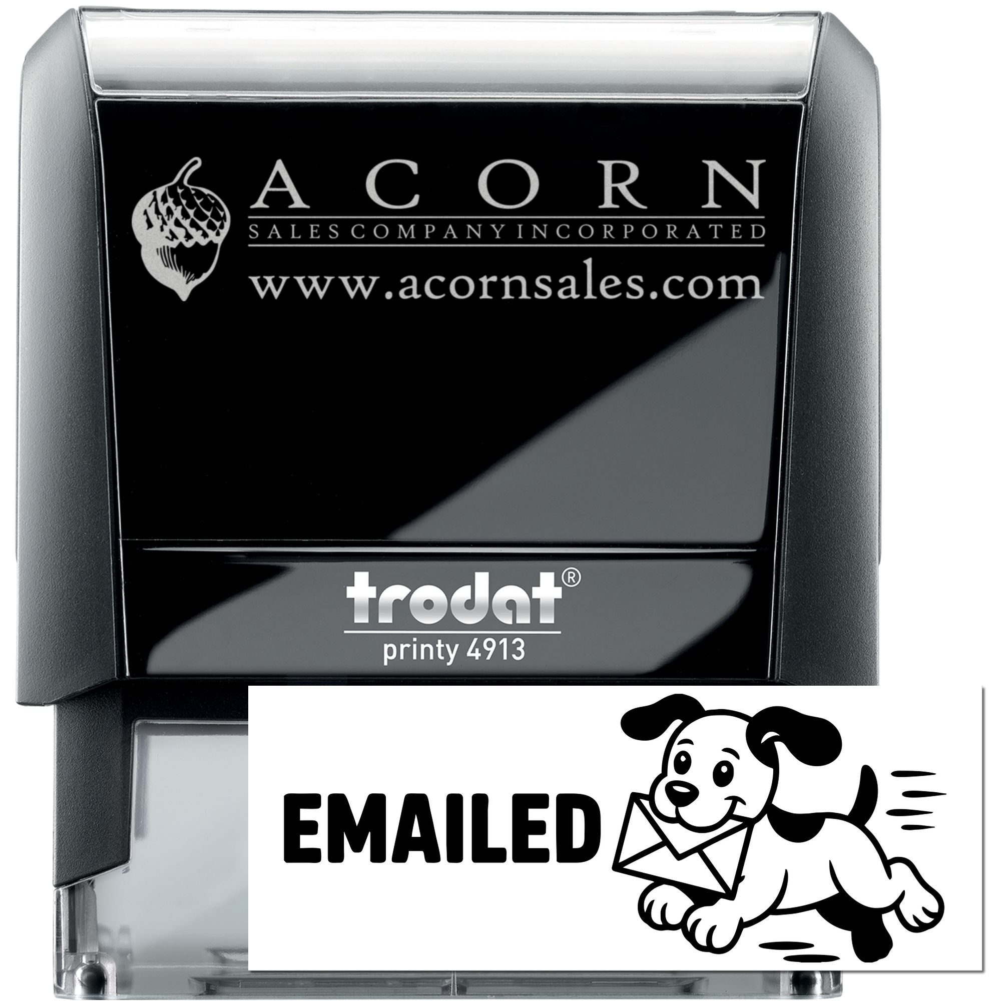 Custom self-inking rubber stamp examples: Trodat Printy 4913 Acorn Sales logo stamp and Emailed dog design.