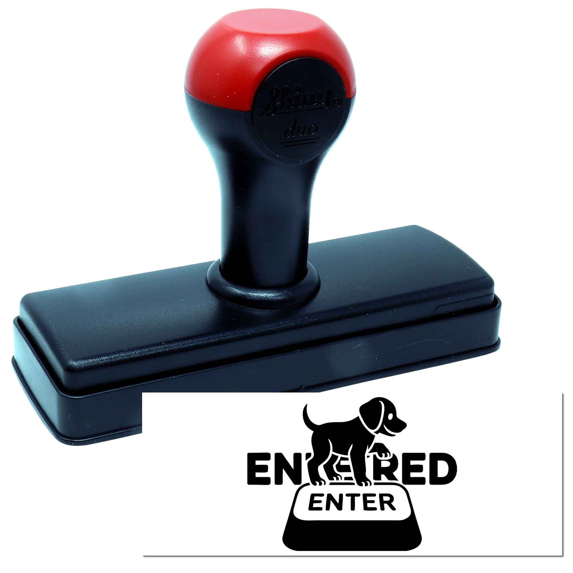Self-inking rubber stamp with dog-themed Enter imprint for marking entry points.