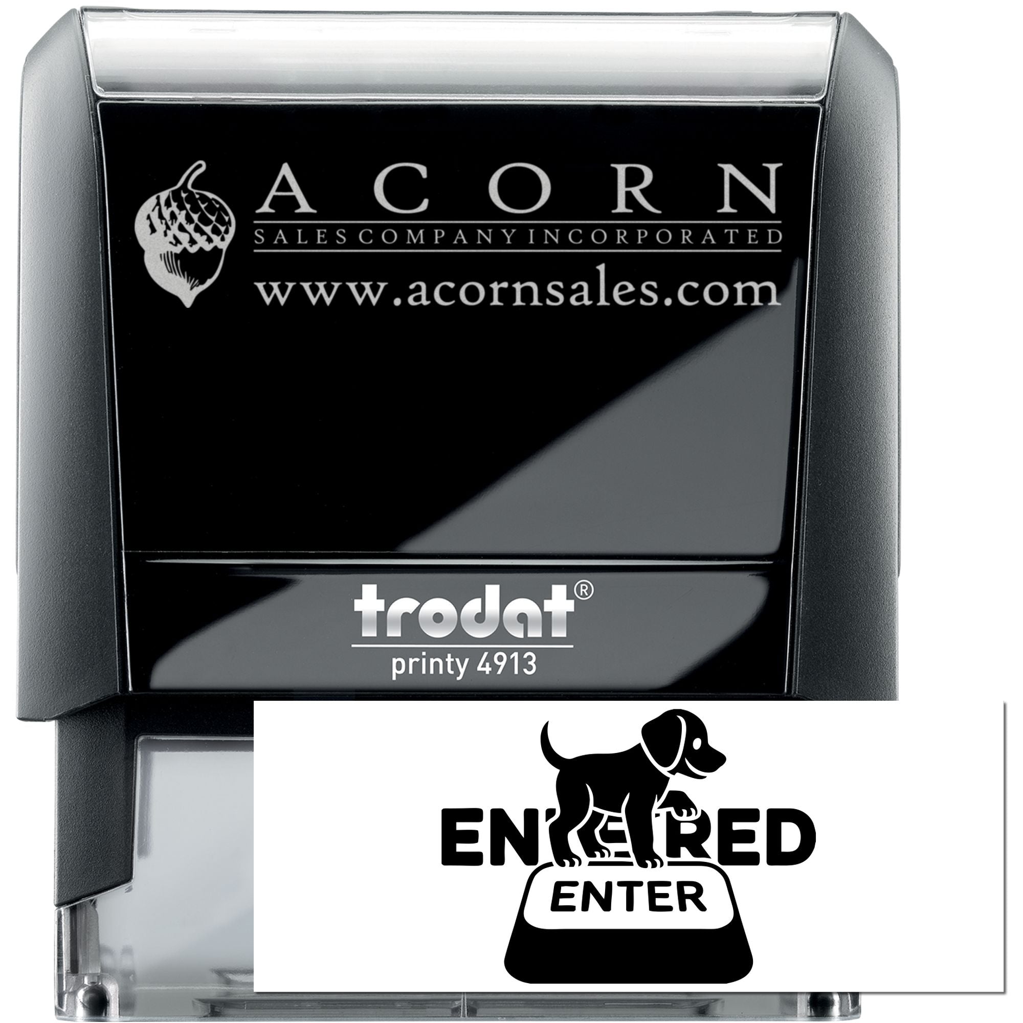 Custom self-inking rubber stamp, Trodat Printy 4913, with Acorn Sales logo and Entered imprint example