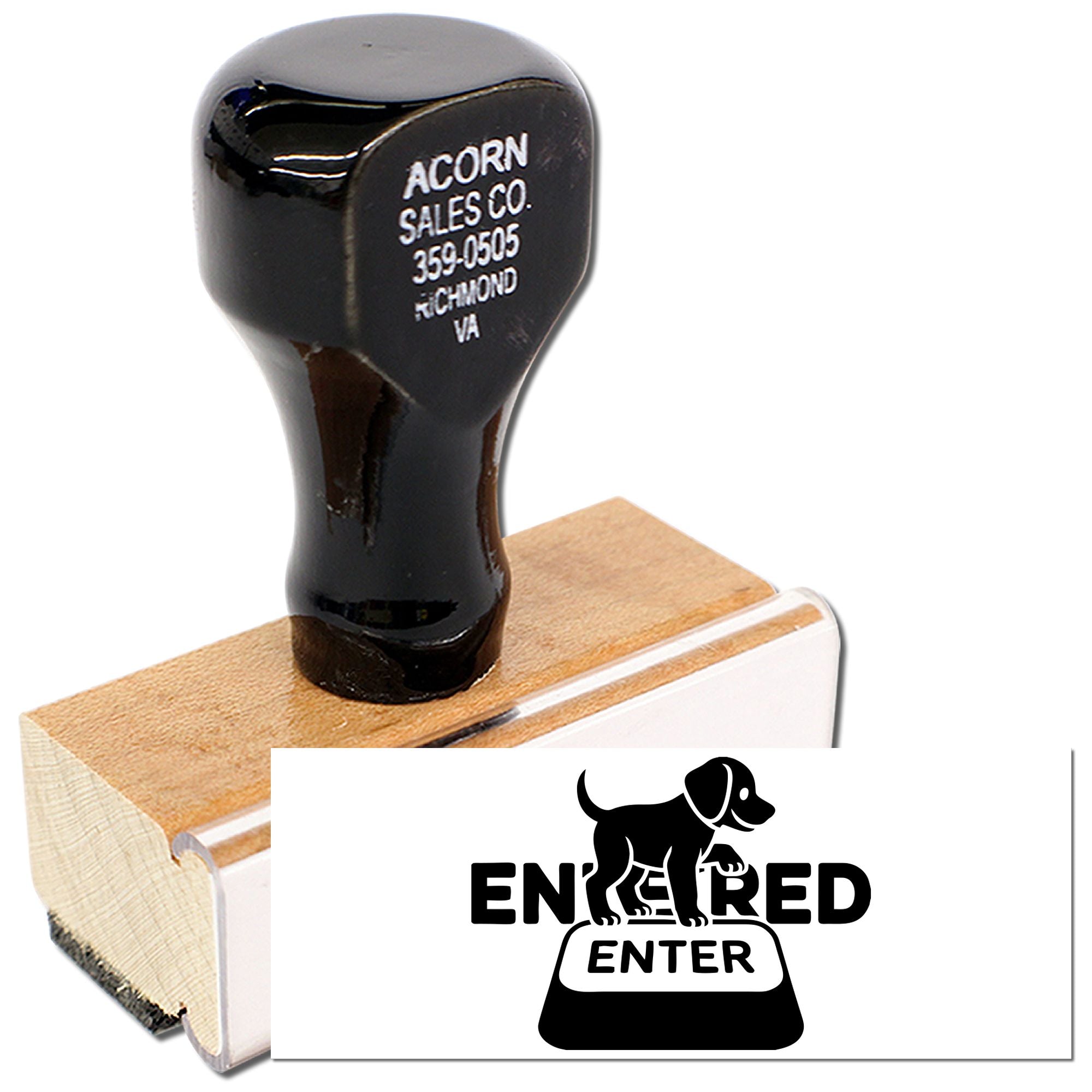 Custom rubber stamp with dog ENTERED design for marking documents, folders, or office paperwork.