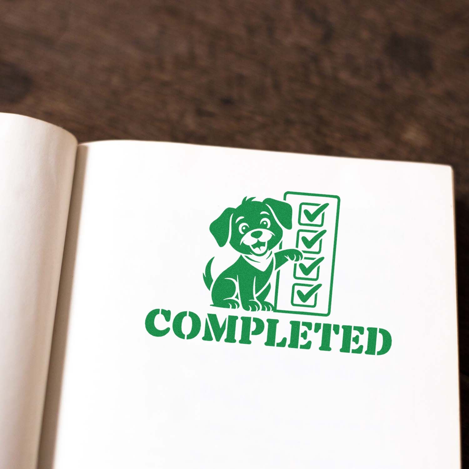 Green rubber stamp impression reading Completed with a dog checklist design on an open notebook page.