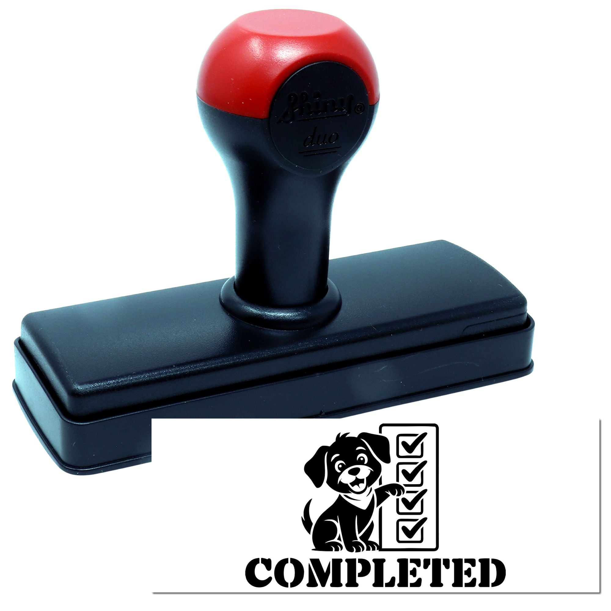 Self-inking rubber stamp with completed imprint for fast office document approval and checklist marking