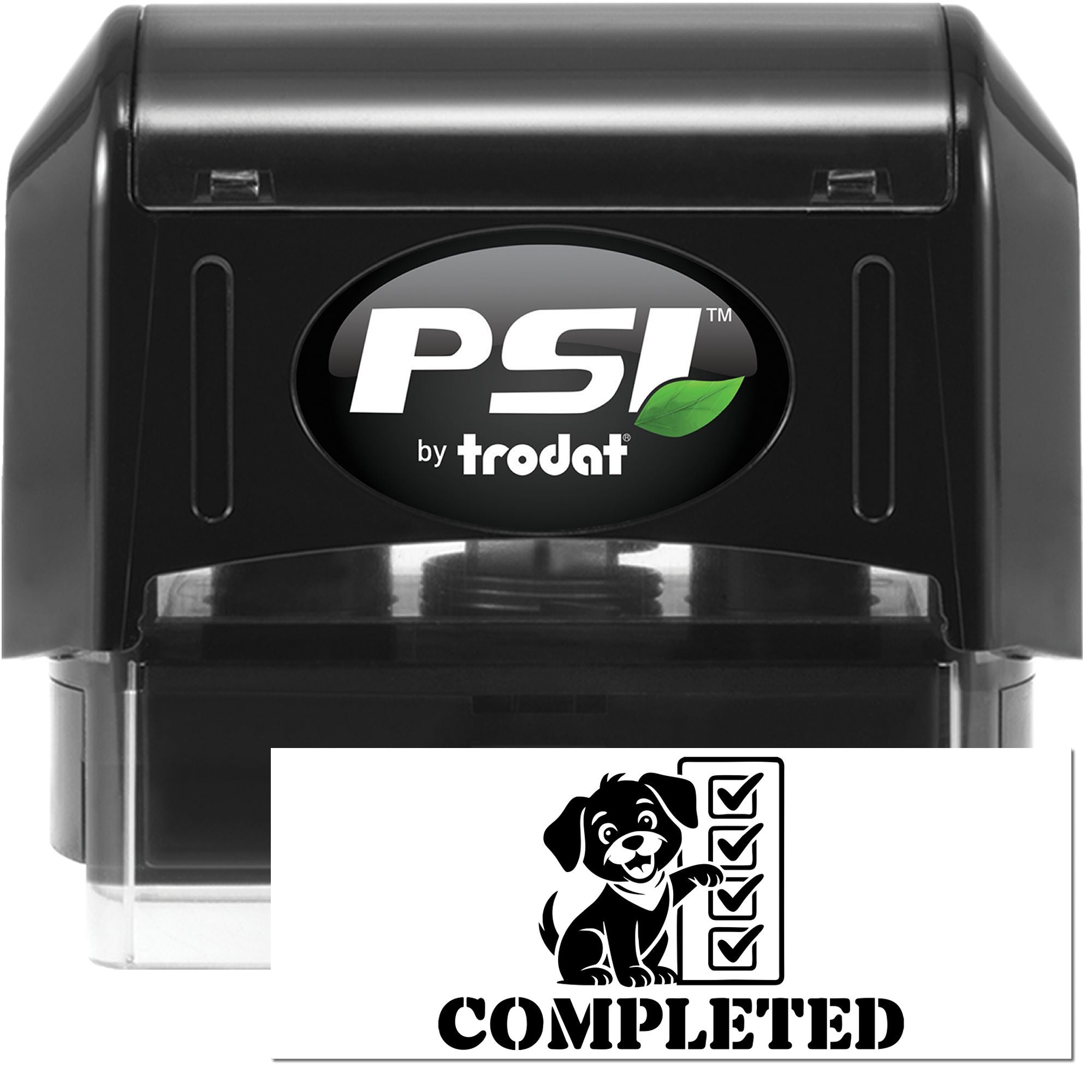 PSI by Trodat self-inking rubber stamp with Completed checklist imprint for office approval and task tracking.