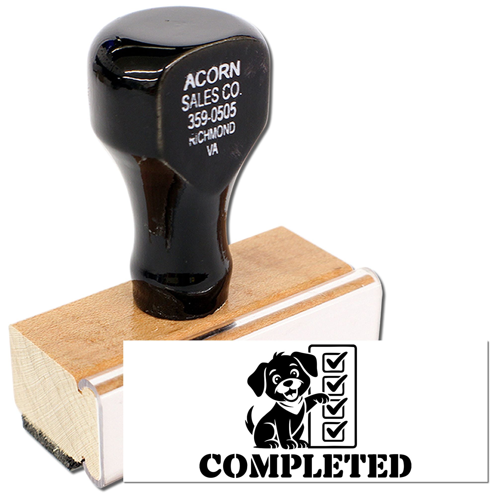 Custom business rubber stamp with completed checklist design for office document approval and marking.