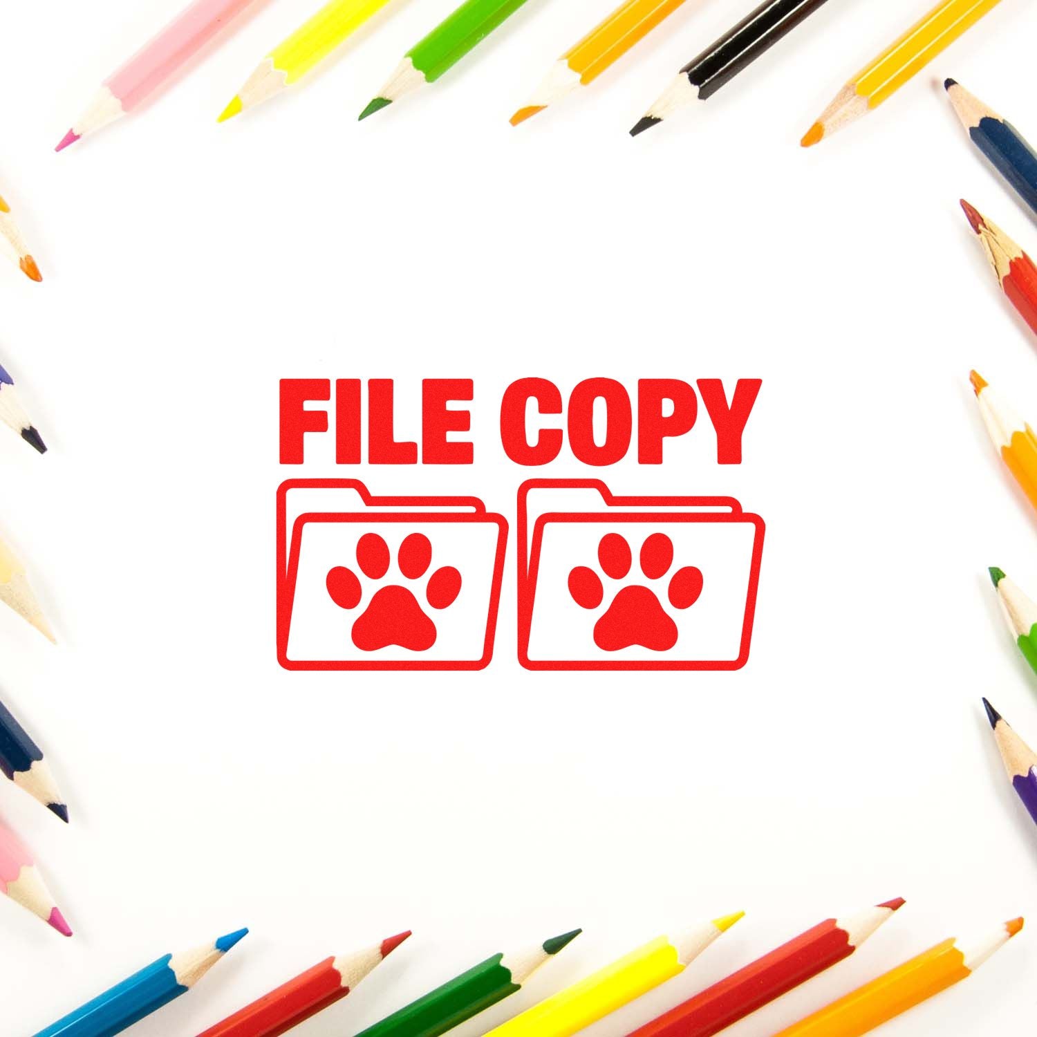 File copy rubber stamp with paw print folder icons for pet records, office filing, and duplicate document labeling.