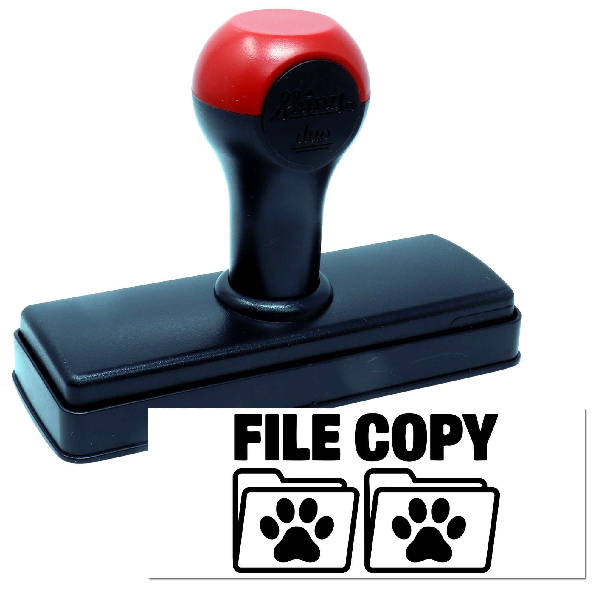 Self-inking rubber FILE COPY stamp with paw print folder icon for organizing pet records and documents.