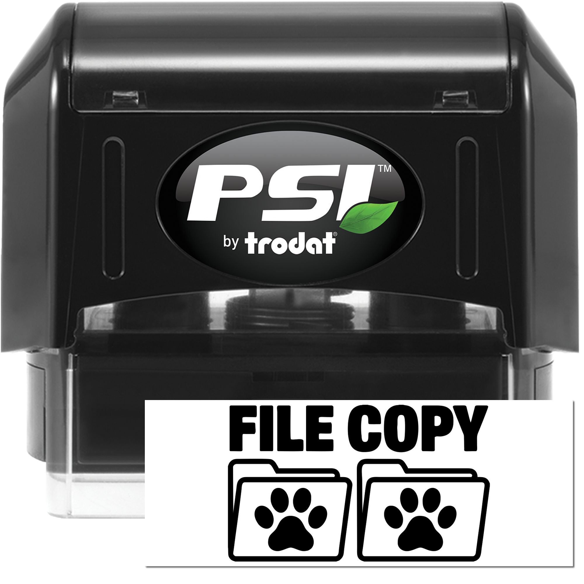 PSI by Trodat self-inking rubber stamp, File Copy design with paw print folders for pet records and office filing.