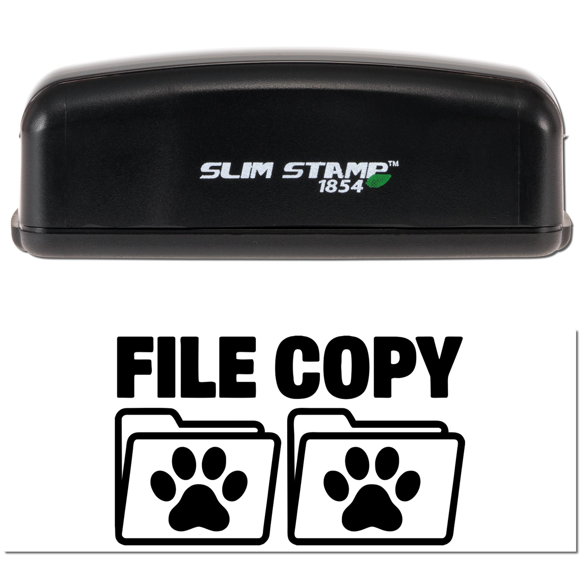 Slim Stamp 1854 self-inking file copy rubber stamp with paw print folder icons for office document labeling