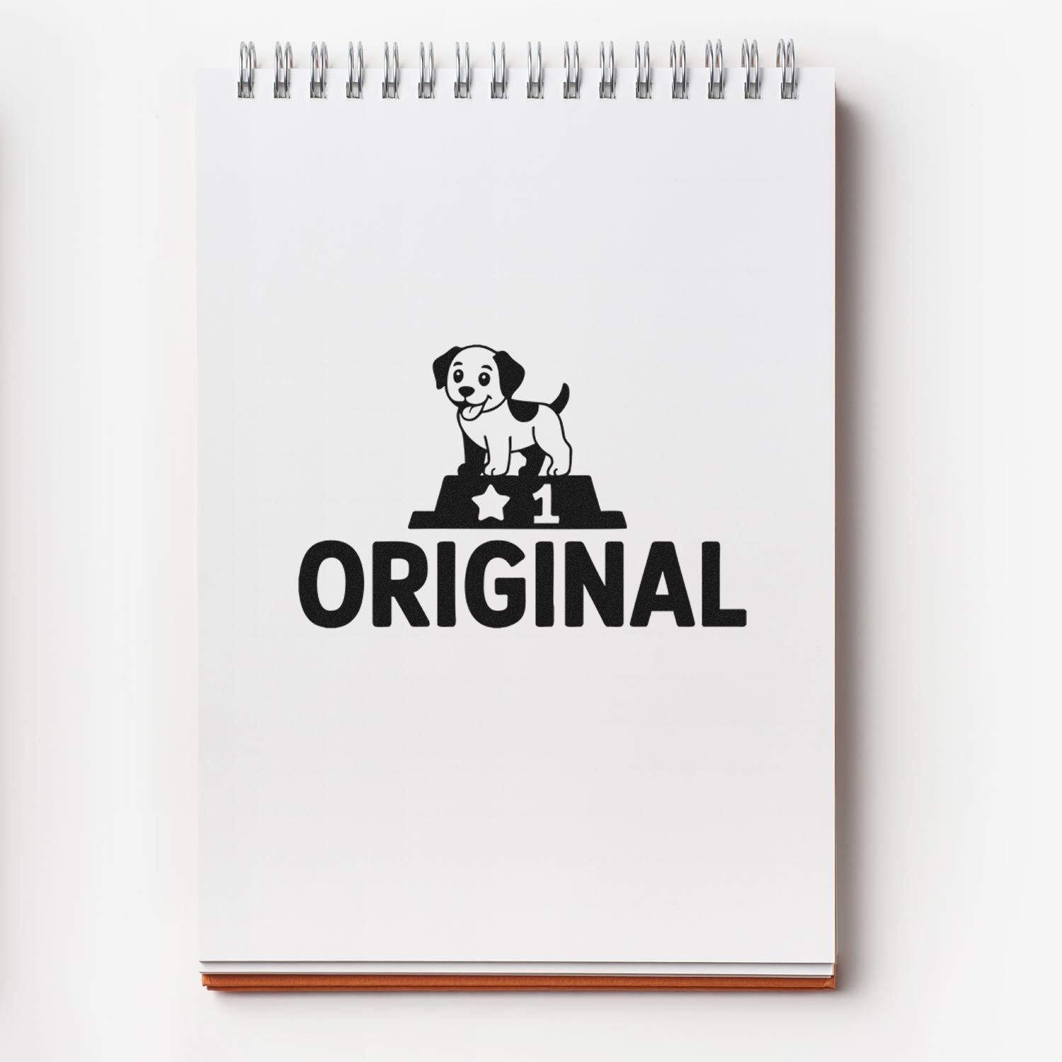 Dog-themed Original rubber stamp design for notebooks, featuring a playful pet illustration and bold text.