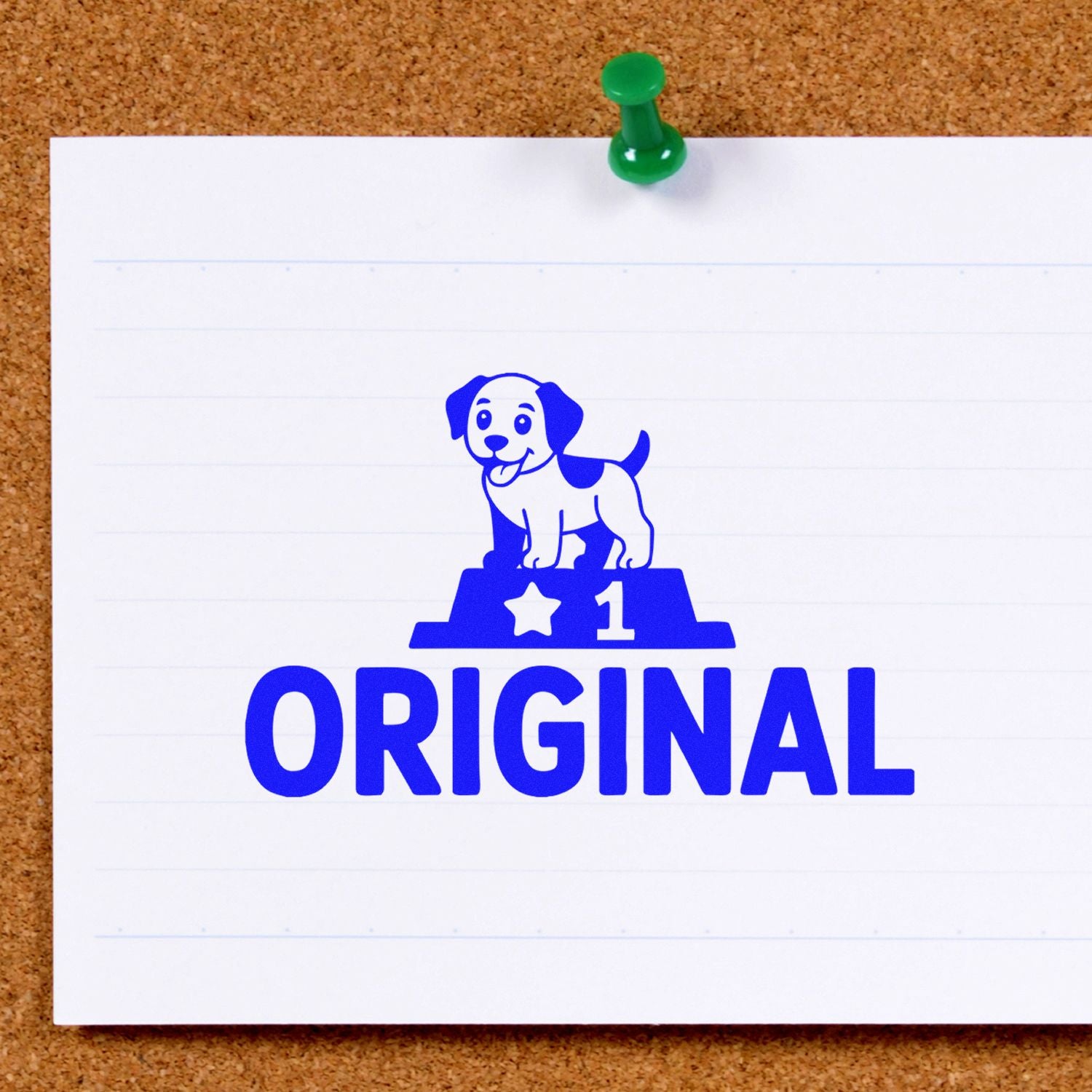 Blue ORIGINAL rubber stamp with #1 dog graphic on paper, ideal for custom pet and award stamp designs.