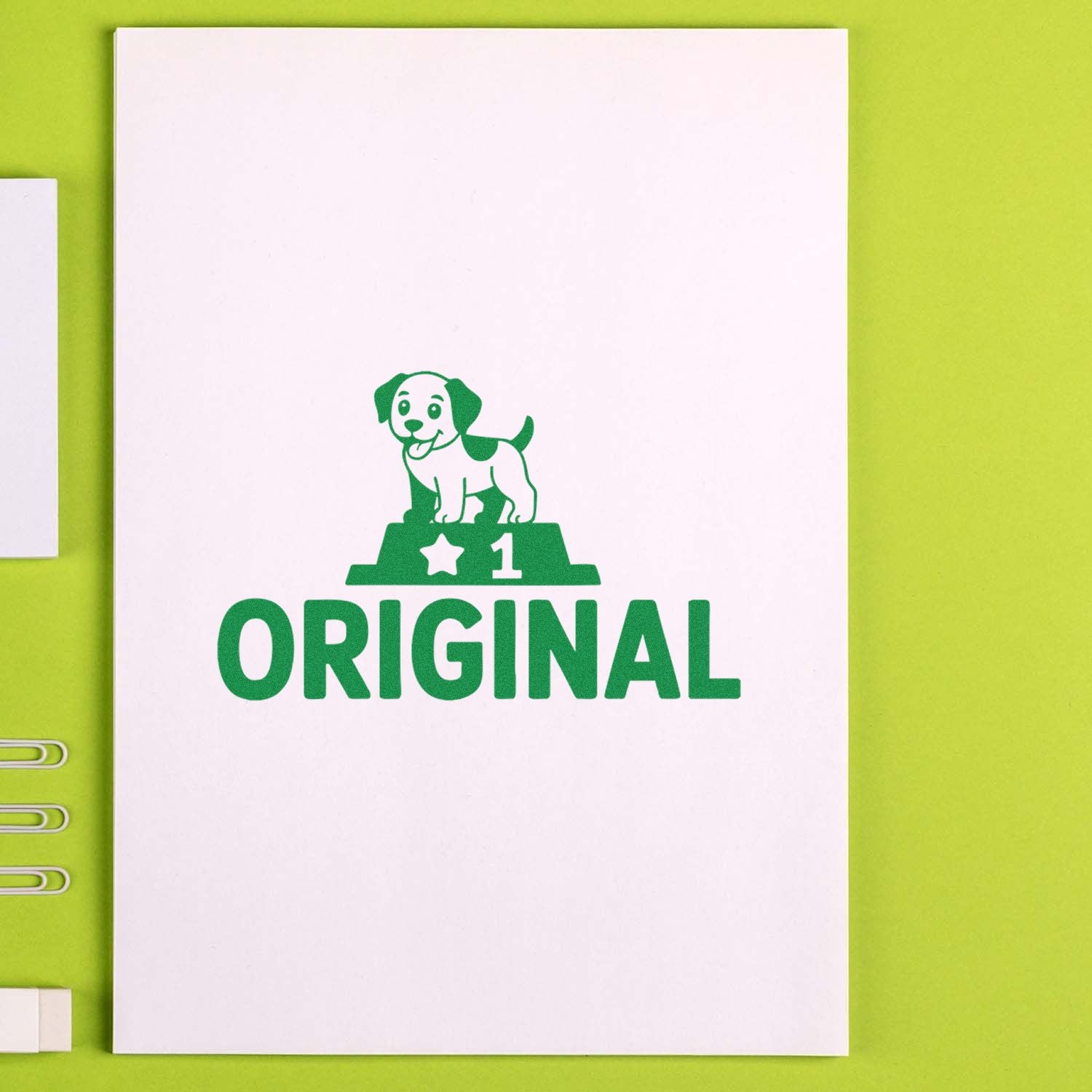 Original dog rubber stamp impression with puppy on a number 1 podium, ideal for stationery, packaging, and custom branding.