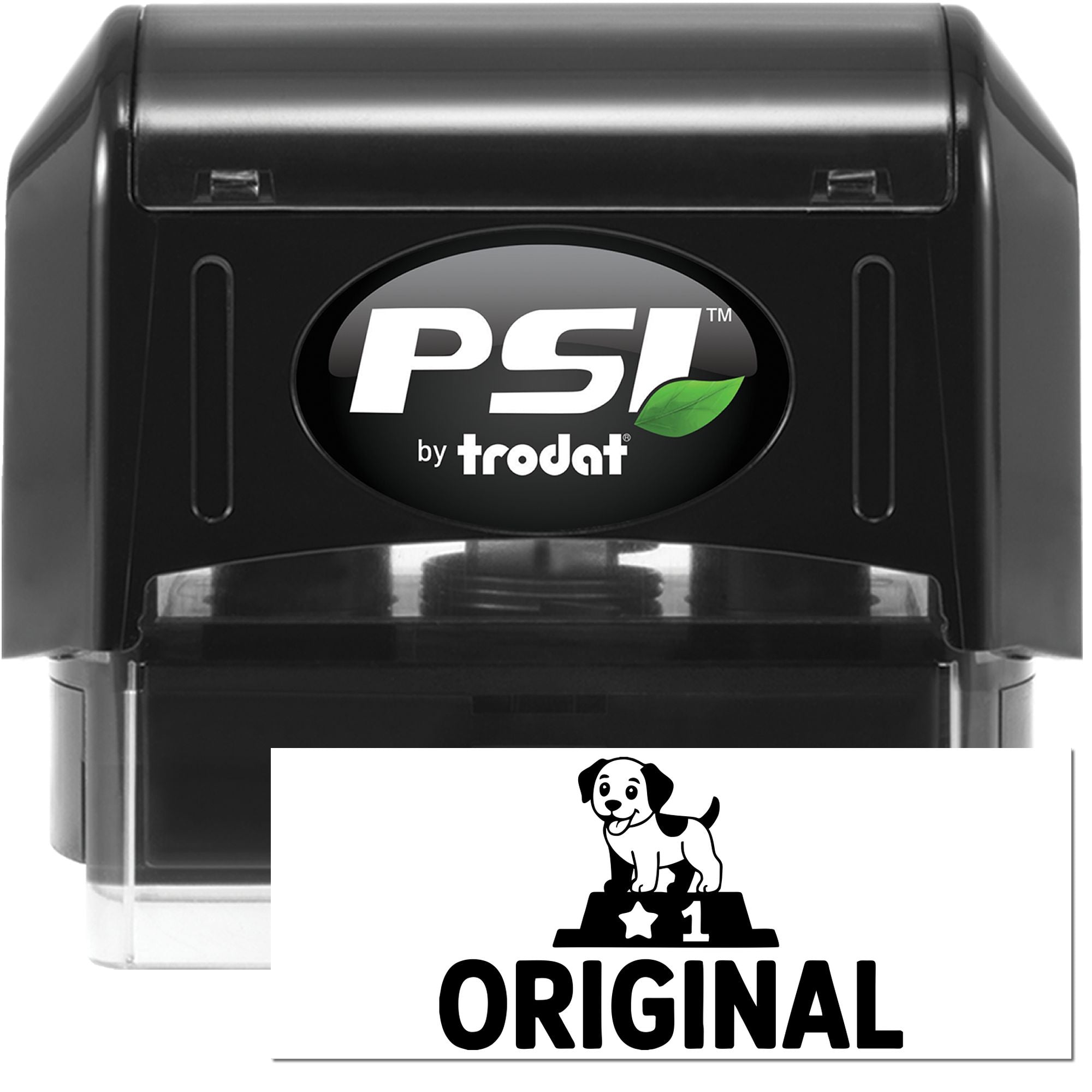 PSI by Trodat self-inking rubber stamp with custom ORIGINAL dog logo imprint for branding pet products.
