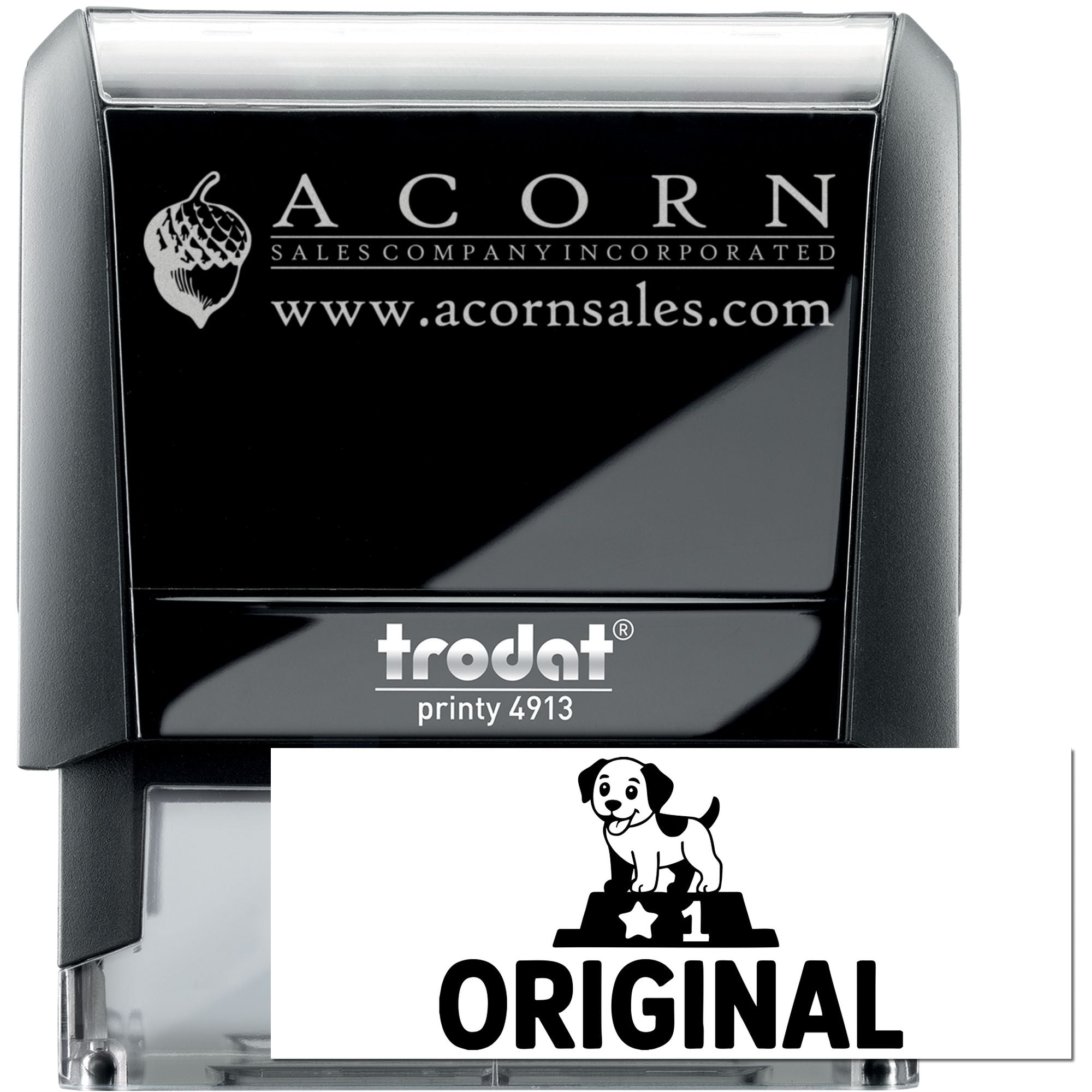 Trodat Printy 4913 custom self-inking rubber stamp for Acorn Sales Company with logo and website.
