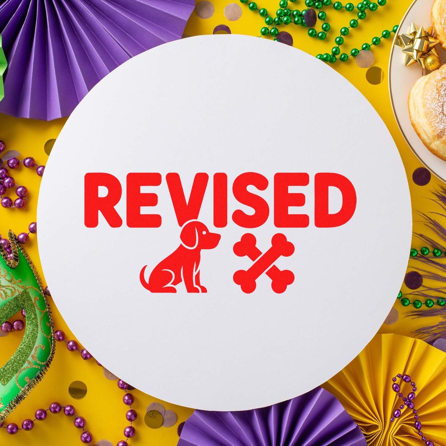 Revised rubber stamp design with dog and bones icon, ideal for pet-themed office documents and approval markings.