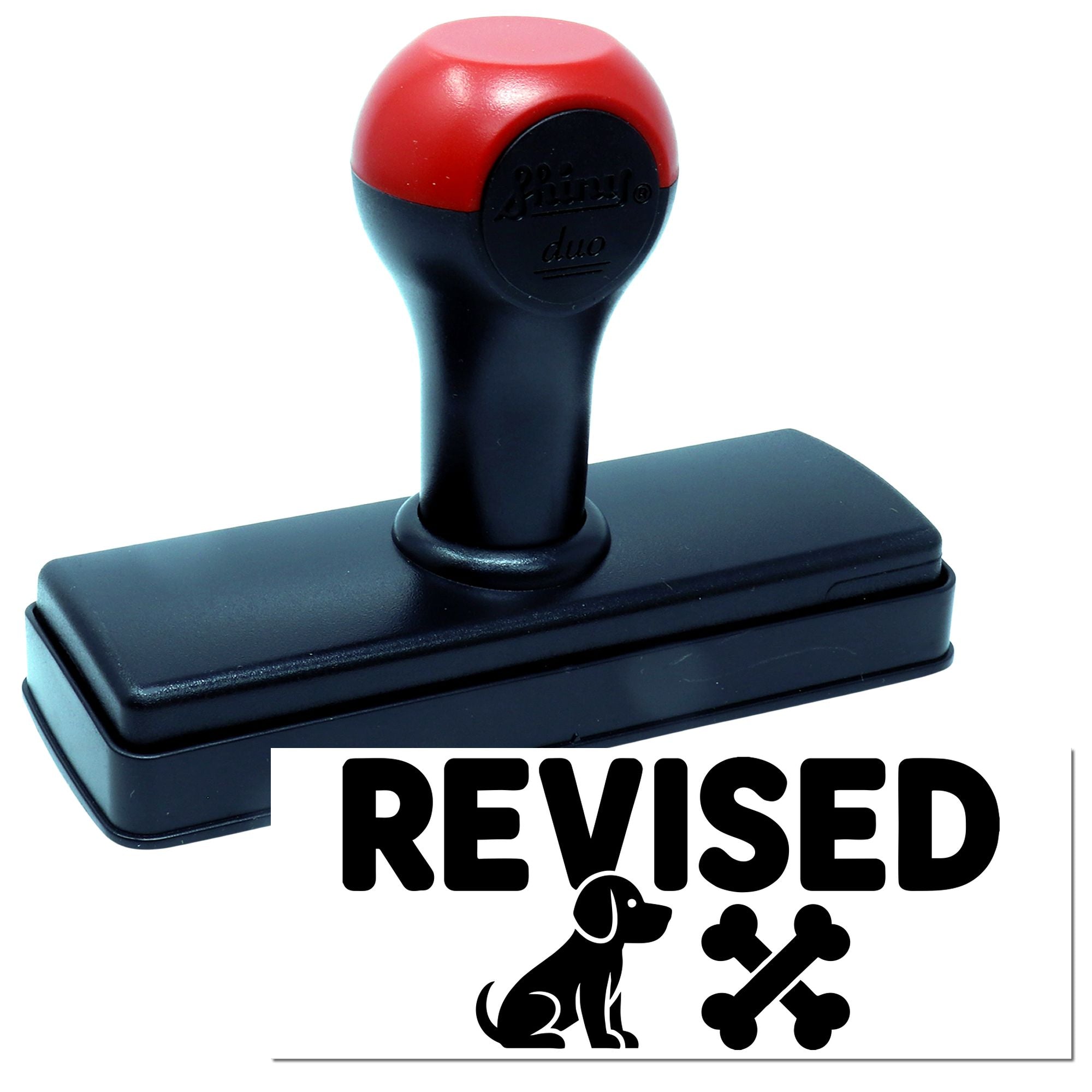 Self-inking revised rubber stamp with dog and bone icon for marking pet documents.