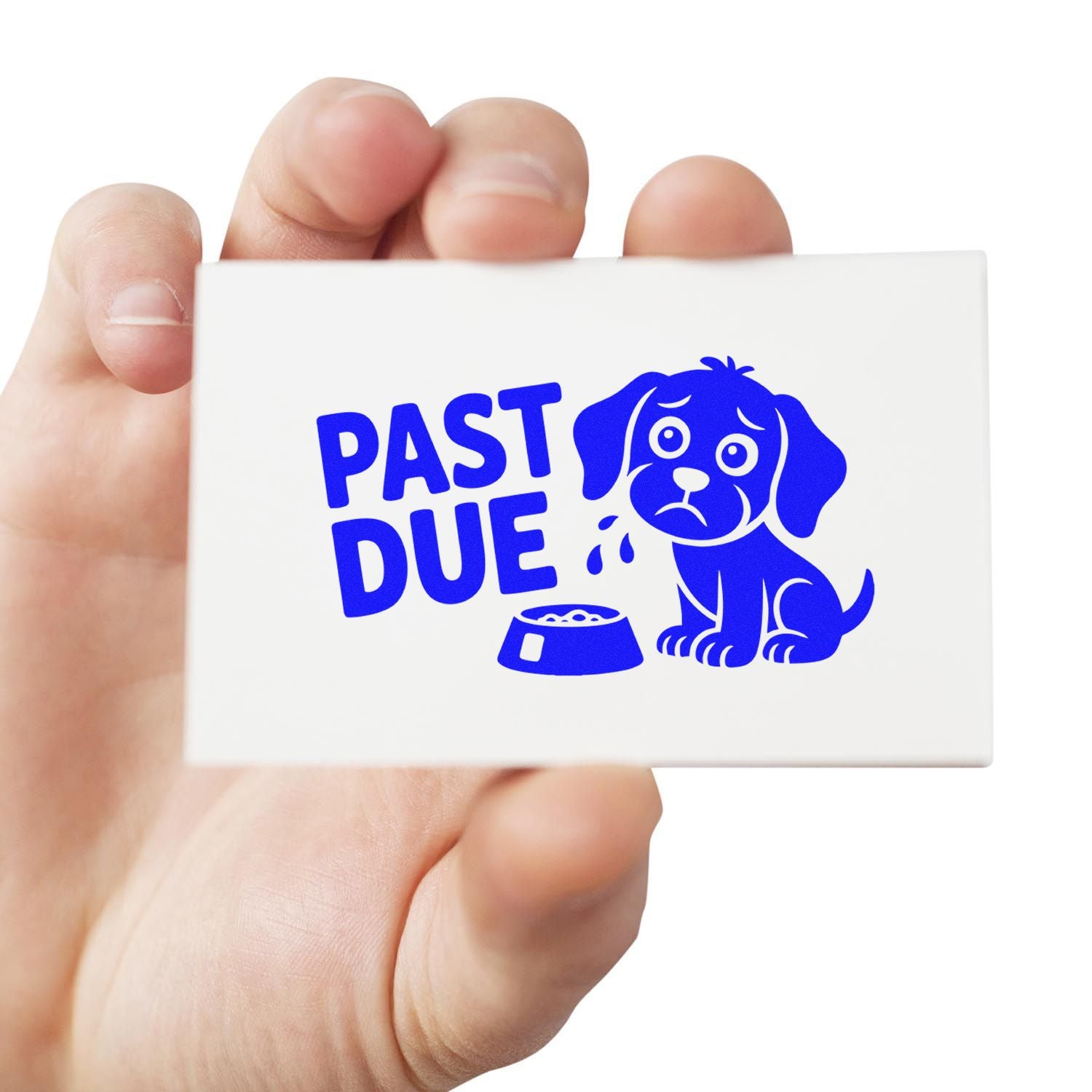 Past Due rubber stamp with sad dog graphic, held in hand for pet-themed reminder labels and office mailings.