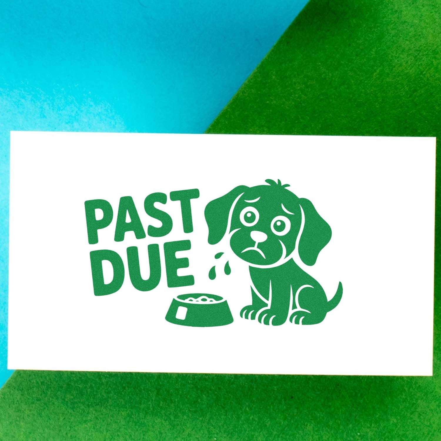 Past Due rubber stamp with sad dog and pet bowl, perfect for overdue pet care reminders and playful office use.