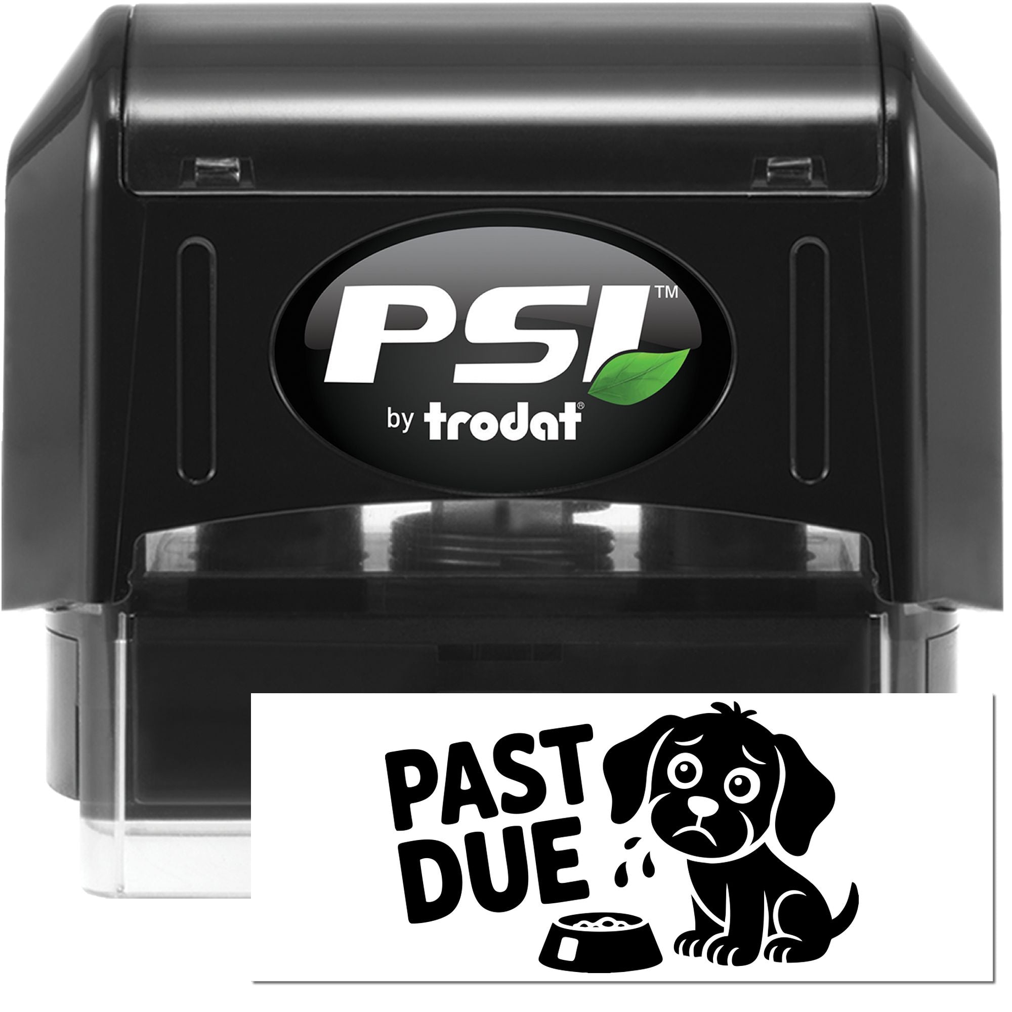 PSI by Trodat self-inking rubber stamp with Past Due dog design for billing and payment reminder marking.