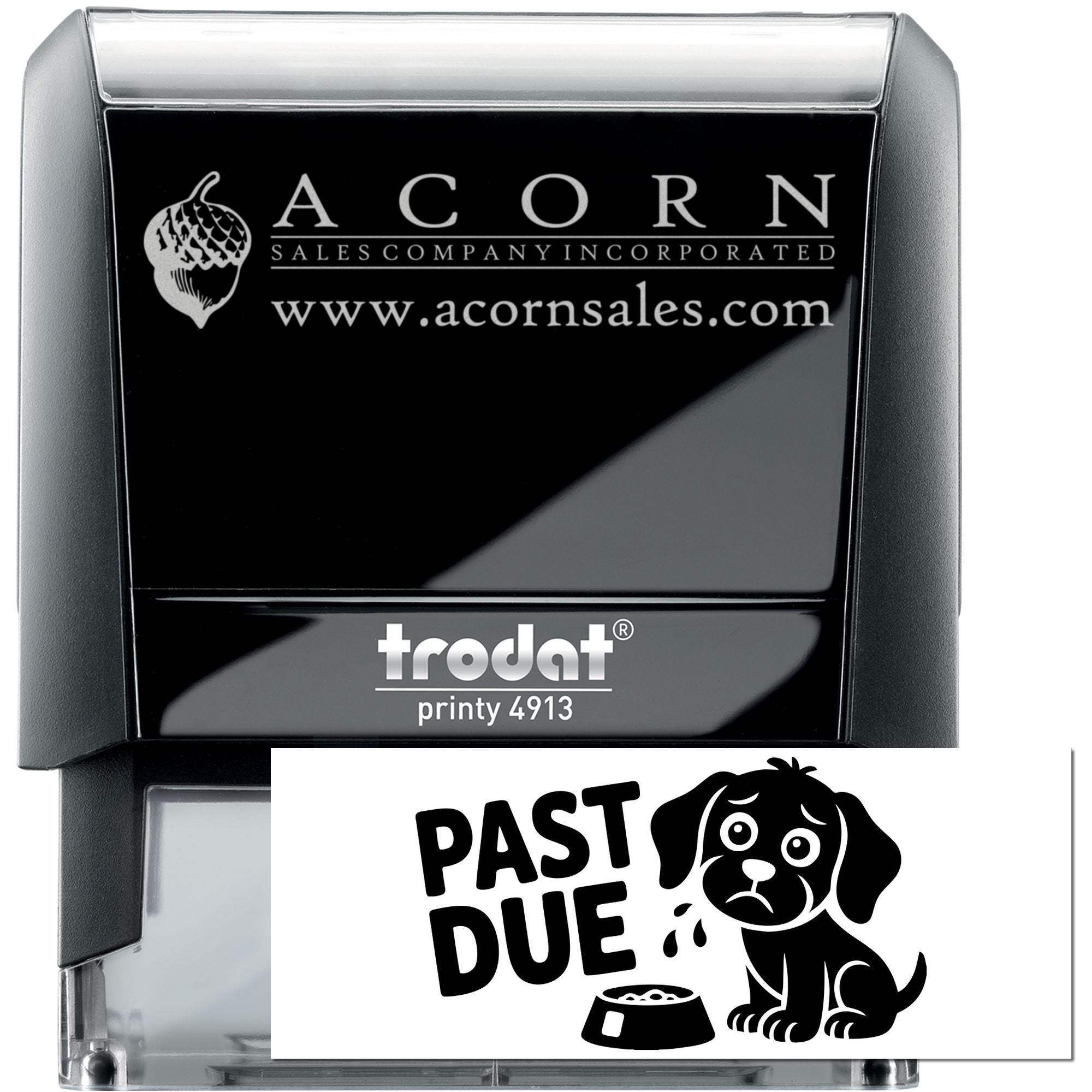 Custom Trodat self-inking rubber stamp with Acorn logo and Past Due design for invoice reminders.
