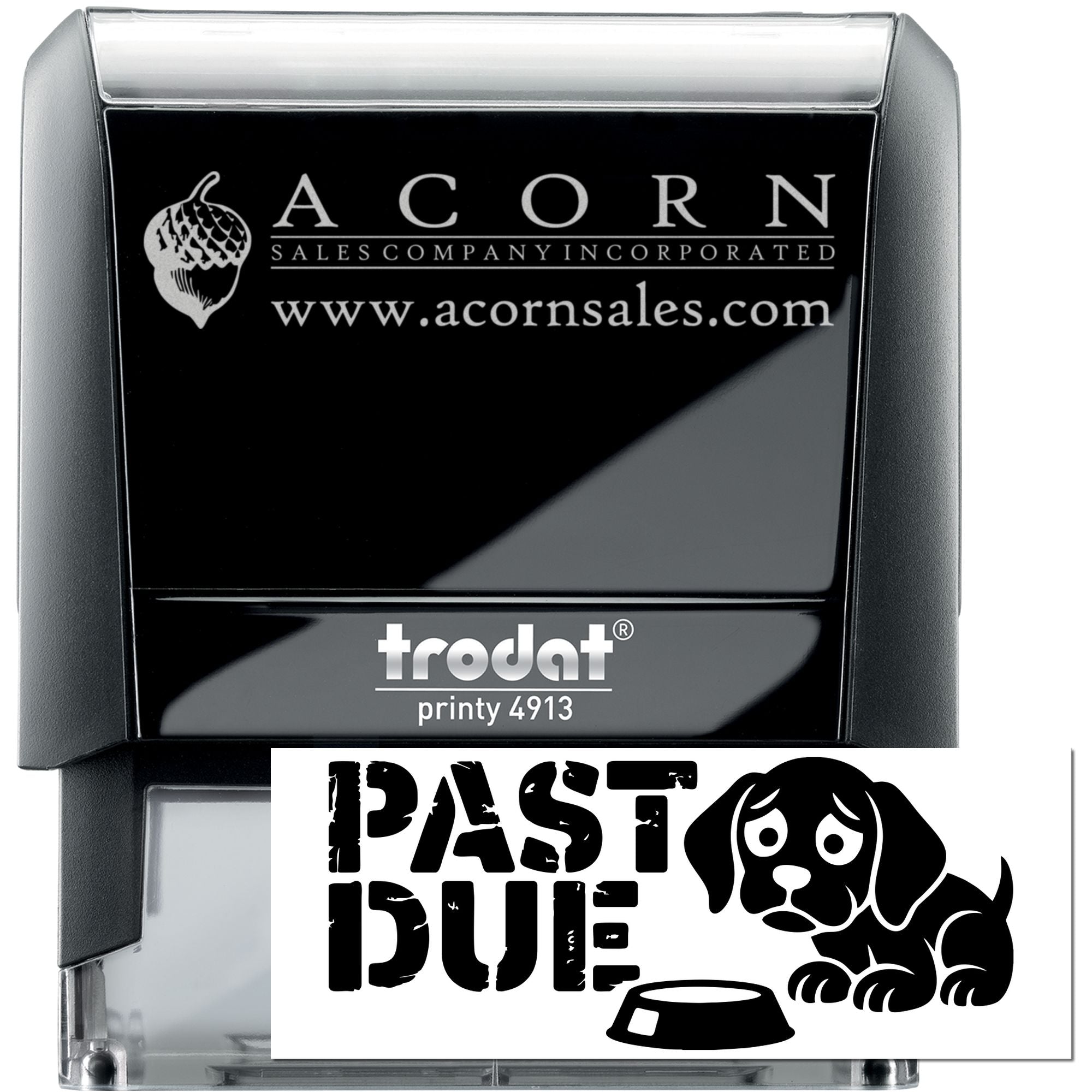 Custom self-inking rubber stamp set, featuring Trodat Printy 4913 with Acorn Sales logo and personalized dog bowl design.