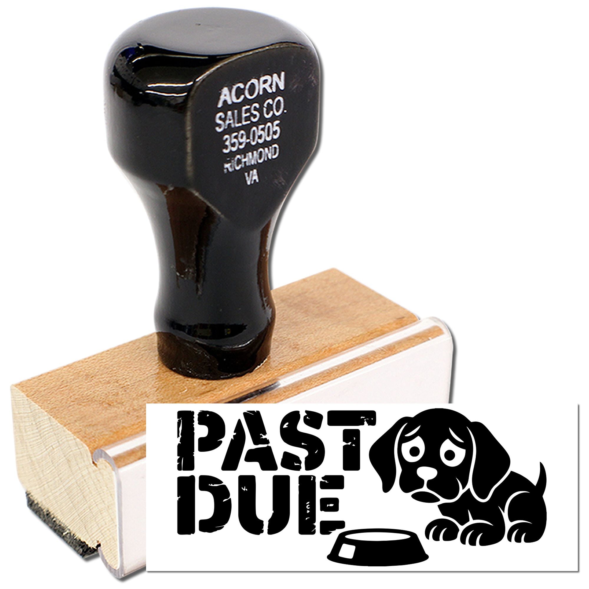 Past Due rubber stamp with dog and bowl design for pet care invoices, reminders, and late payment notices.