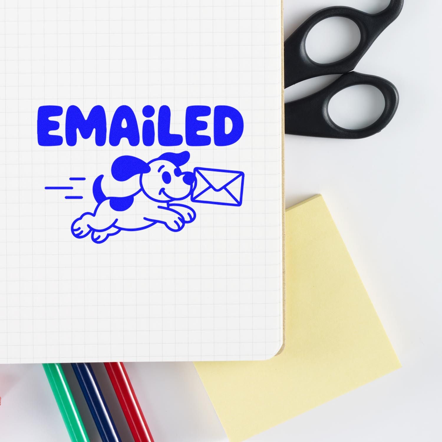 Blue Emailed rubber stamp with dog and envelope icon for office mail tracking, document processing, and shipping workflow.