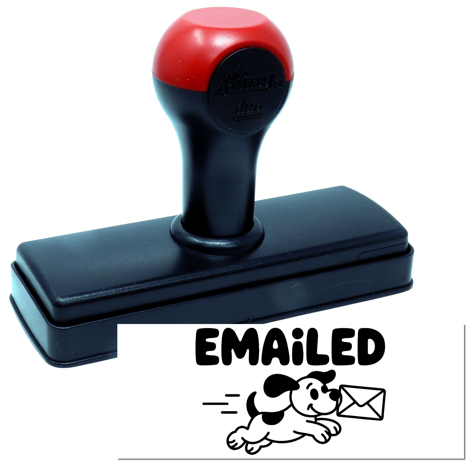 Self-inking rubber stamp with EMAILED dog-and-envelope design for office mail and document processing