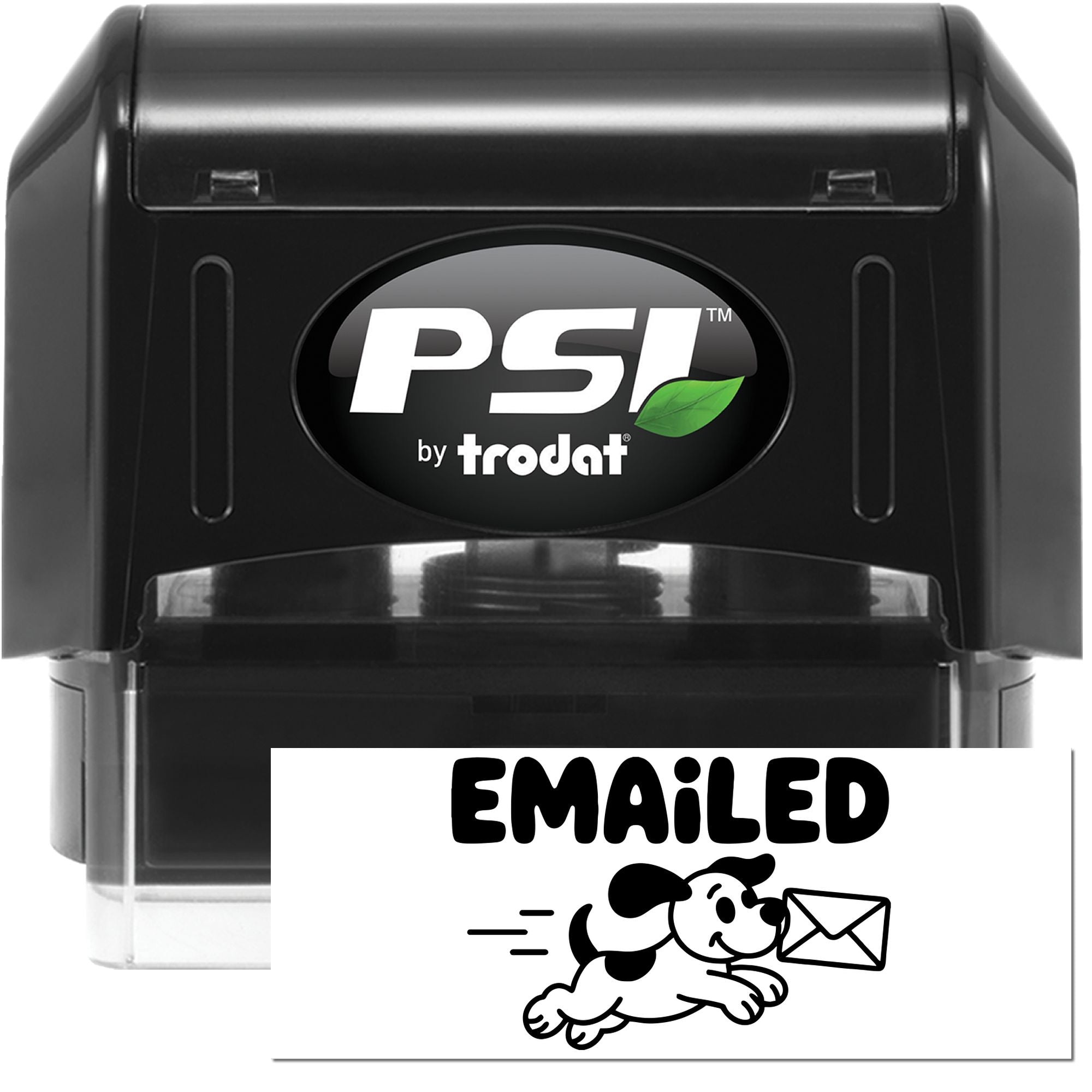 PSI by Trodat self-inking rubber stamp with Emailed dog and envelope design for office mail processing.