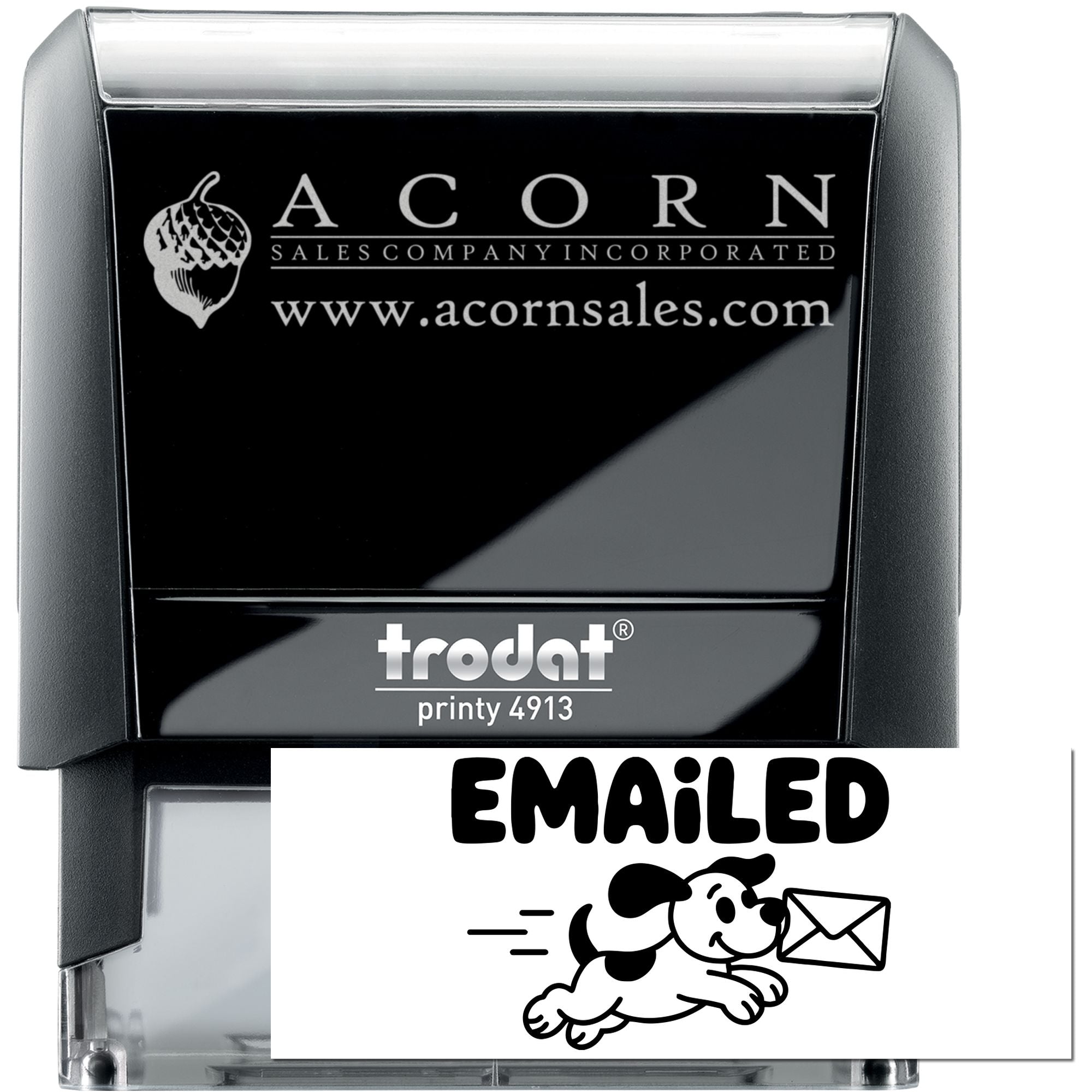 Custom self-inking rubber stamp for Acorn Sales Company Incorporated with logo, website, and Emailed mark.
