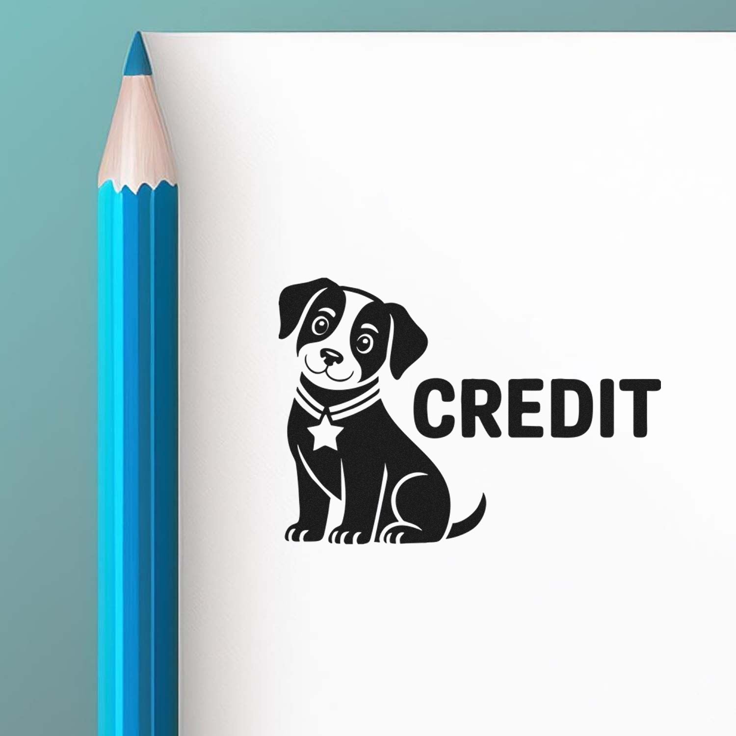 Dog CREDIT rubber stamp design on paper beside a pencil, ideal for custom pet-themed office stamps.