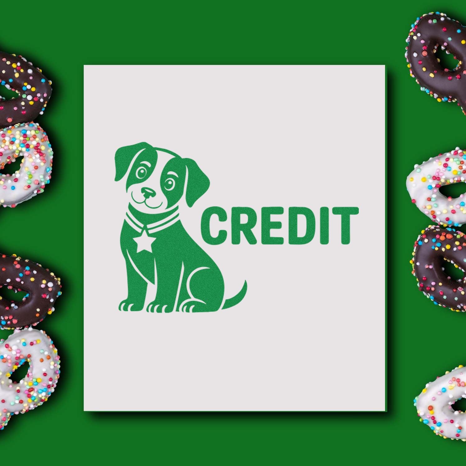 Credit dog rubber stamp design with green puppy icon and bold CREDIT text for bakery packaging and custom stamps.