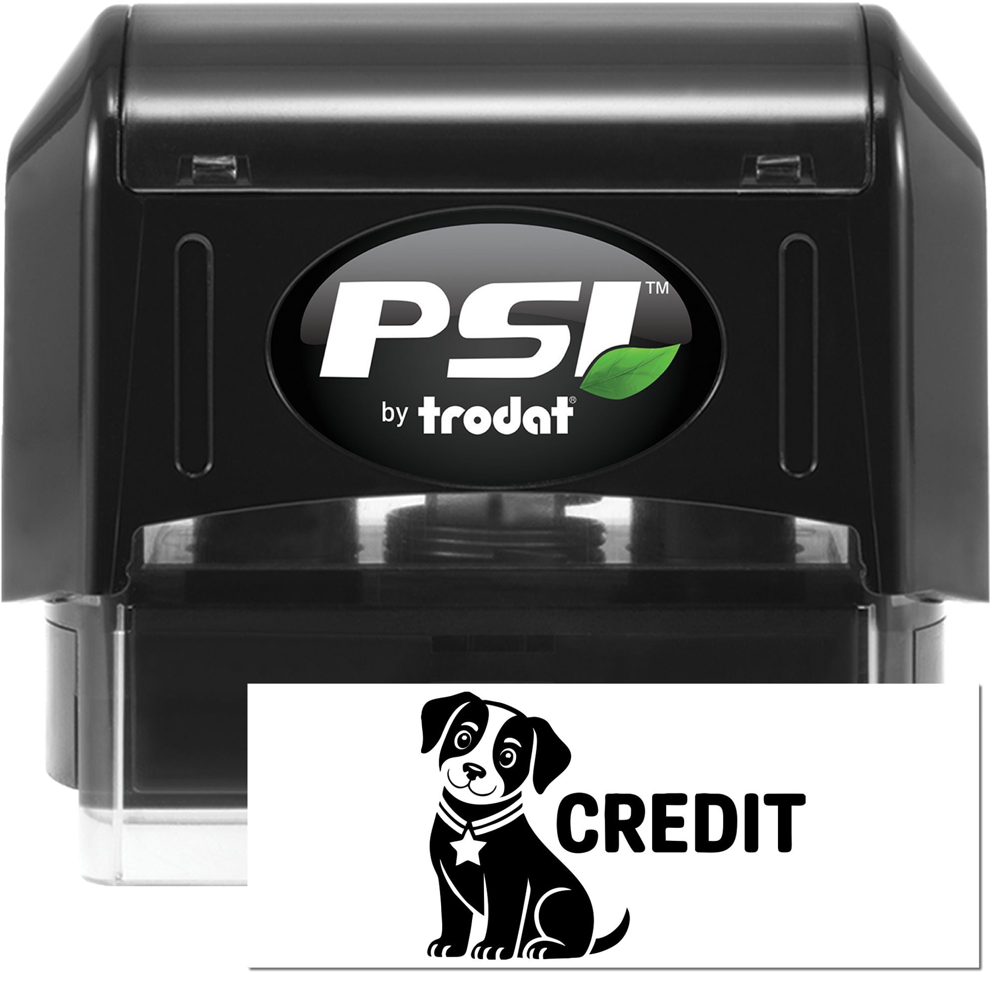 PSI by Trodat self-inking rubber stamp with custom CREDIT dog design for office or business marking.