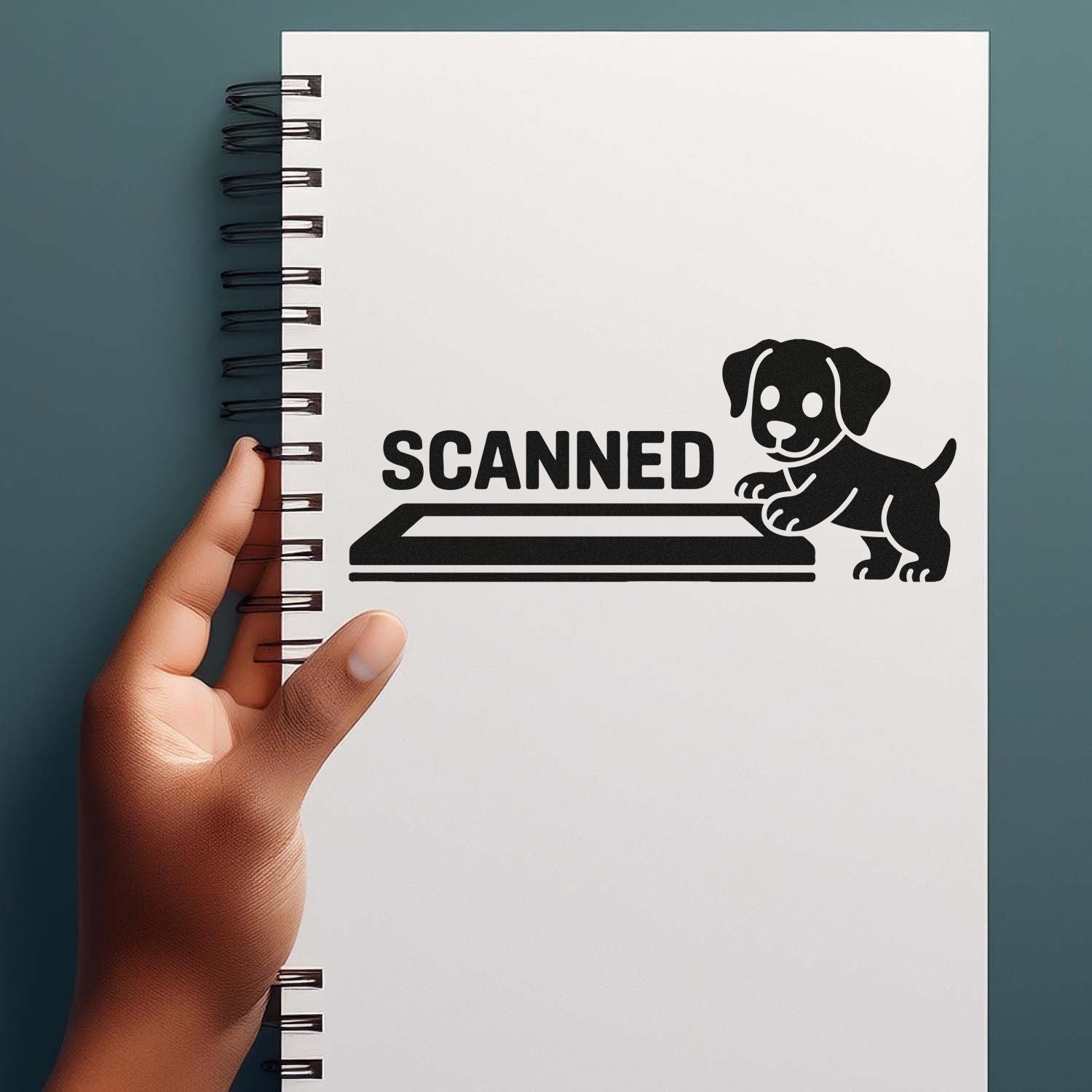 Scanned rubber stamp design with dog and scanner icon for office documents and paperwork.
