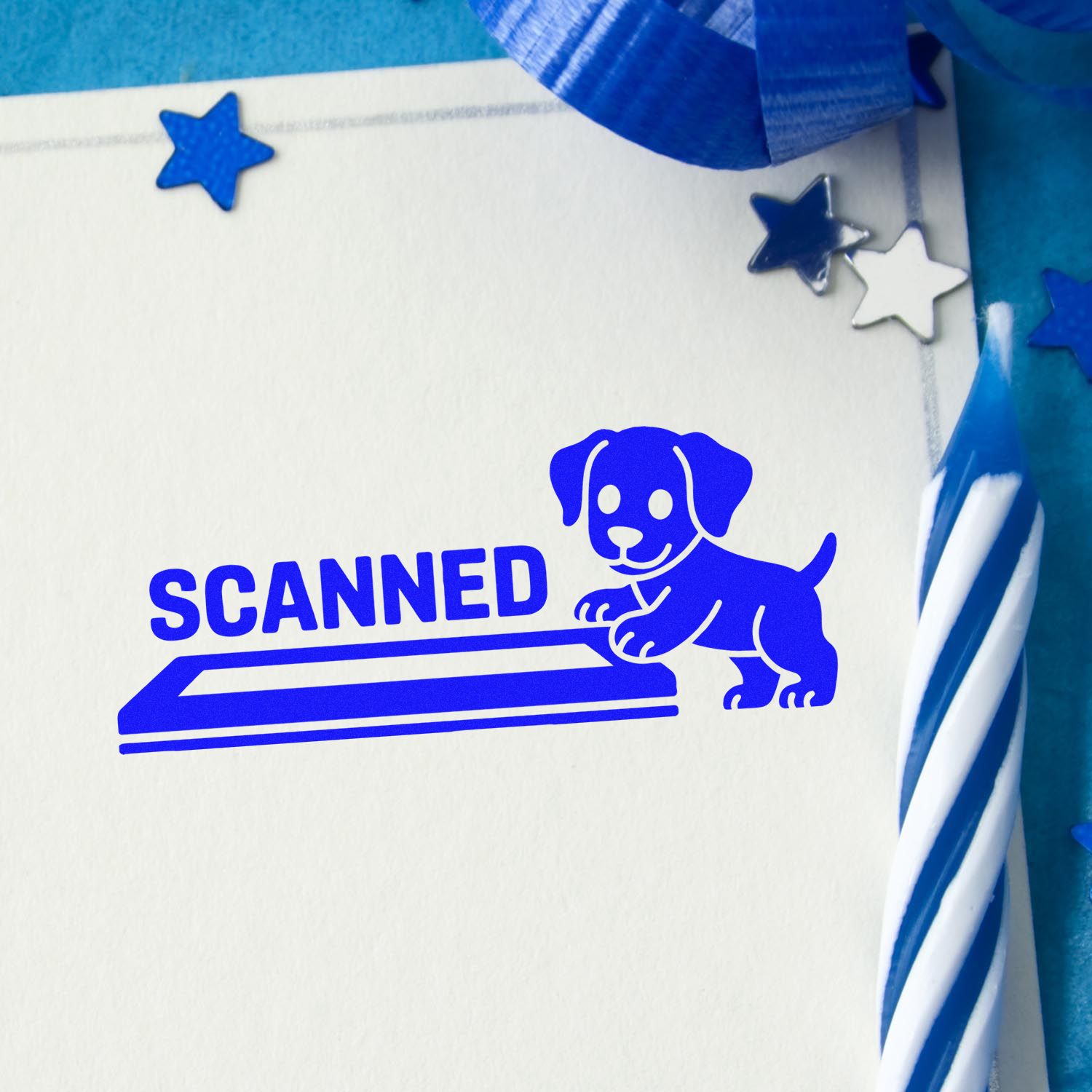 Blue rubber stamp with dog and scanner icon, perfect for pet-themed document approval and custom office stamps.
