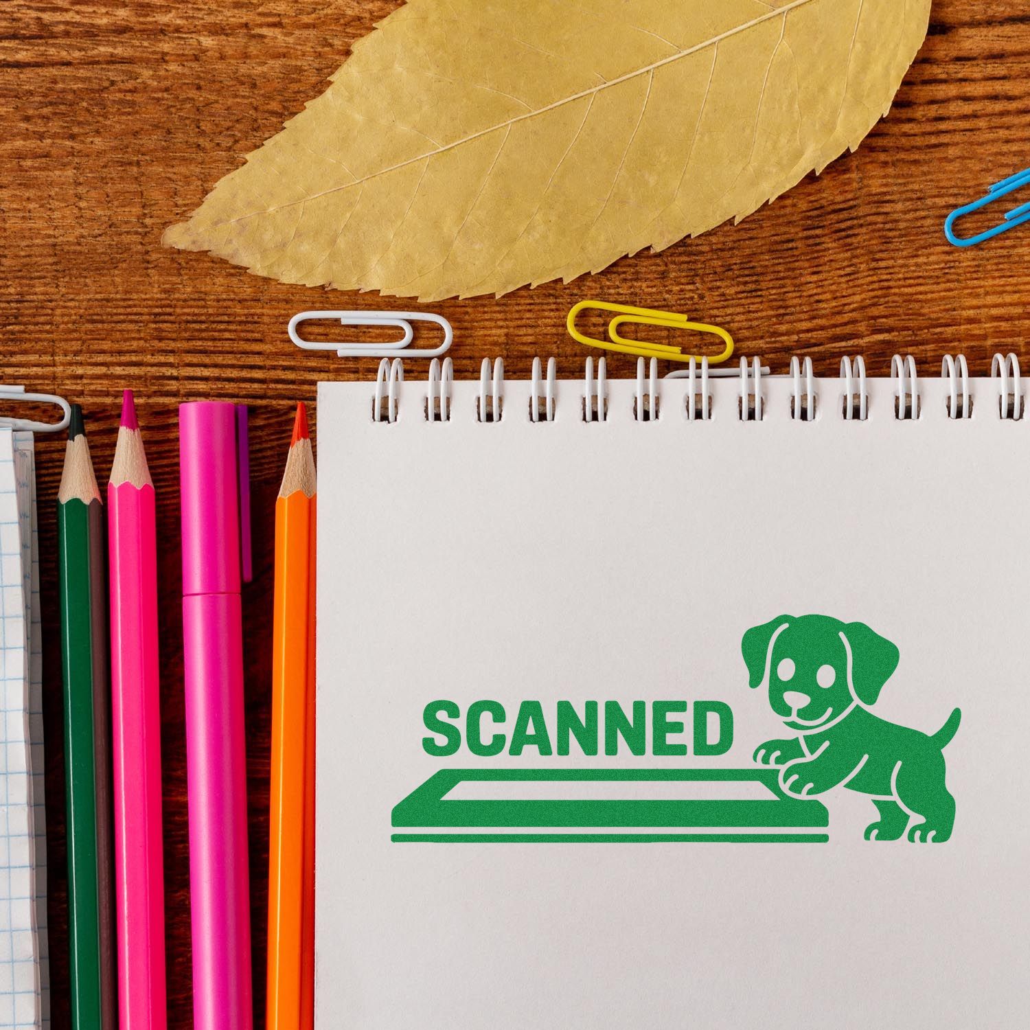 Green SCANNED rubber stamp design with dog icon on a notebook, ideal for office document labeling and filing.
