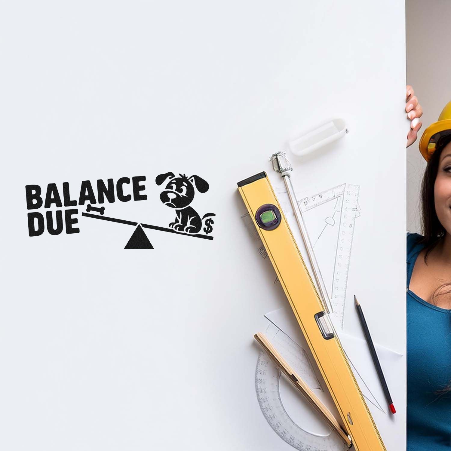 Balance Due rubber stamp impression for invoices and billing, shown on paper with drafting tools and construction gear.