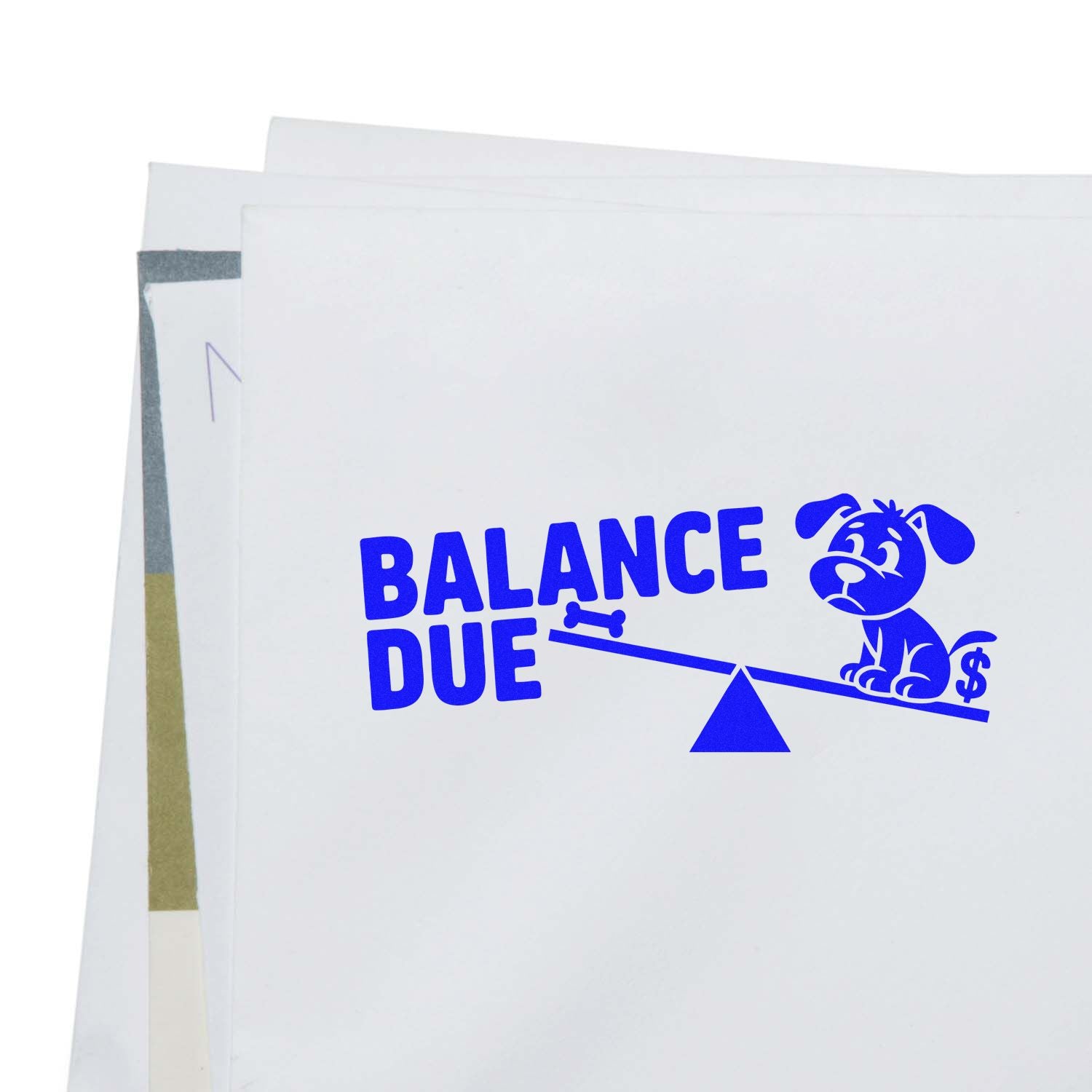 Balance Due rubber stamp design with dog and seesaw icon for invoice reminders, unpaid accounts, and billing notices.