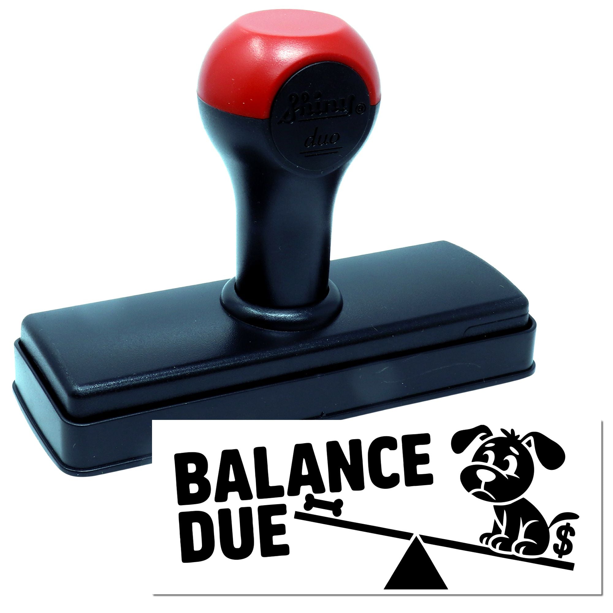 Self-inking rubber stamp with Balance Due imprint for marking overdue invoices and accounts payable documents.