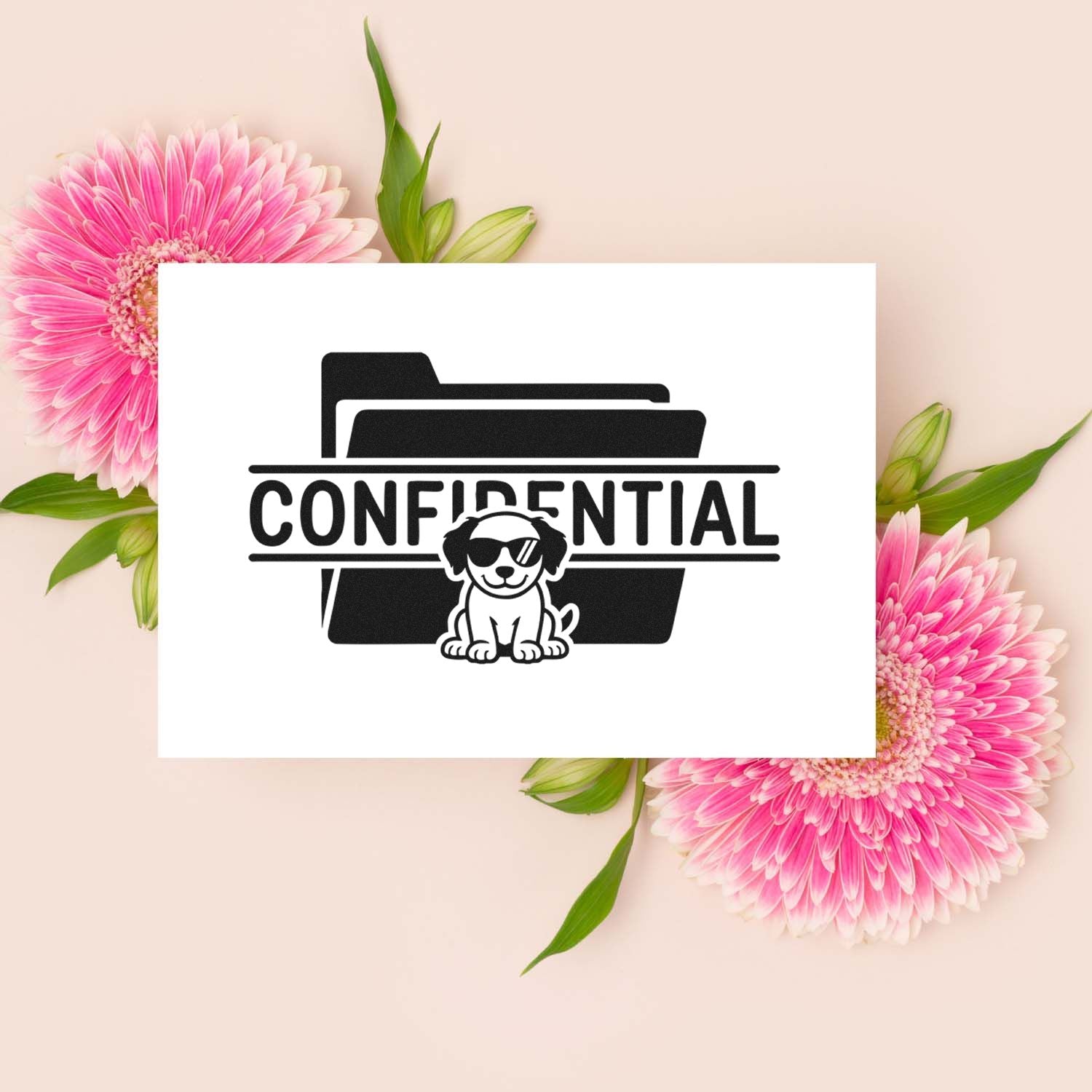 Confidential rubber stamp design with folder icon and dog mascot for secure document labeling