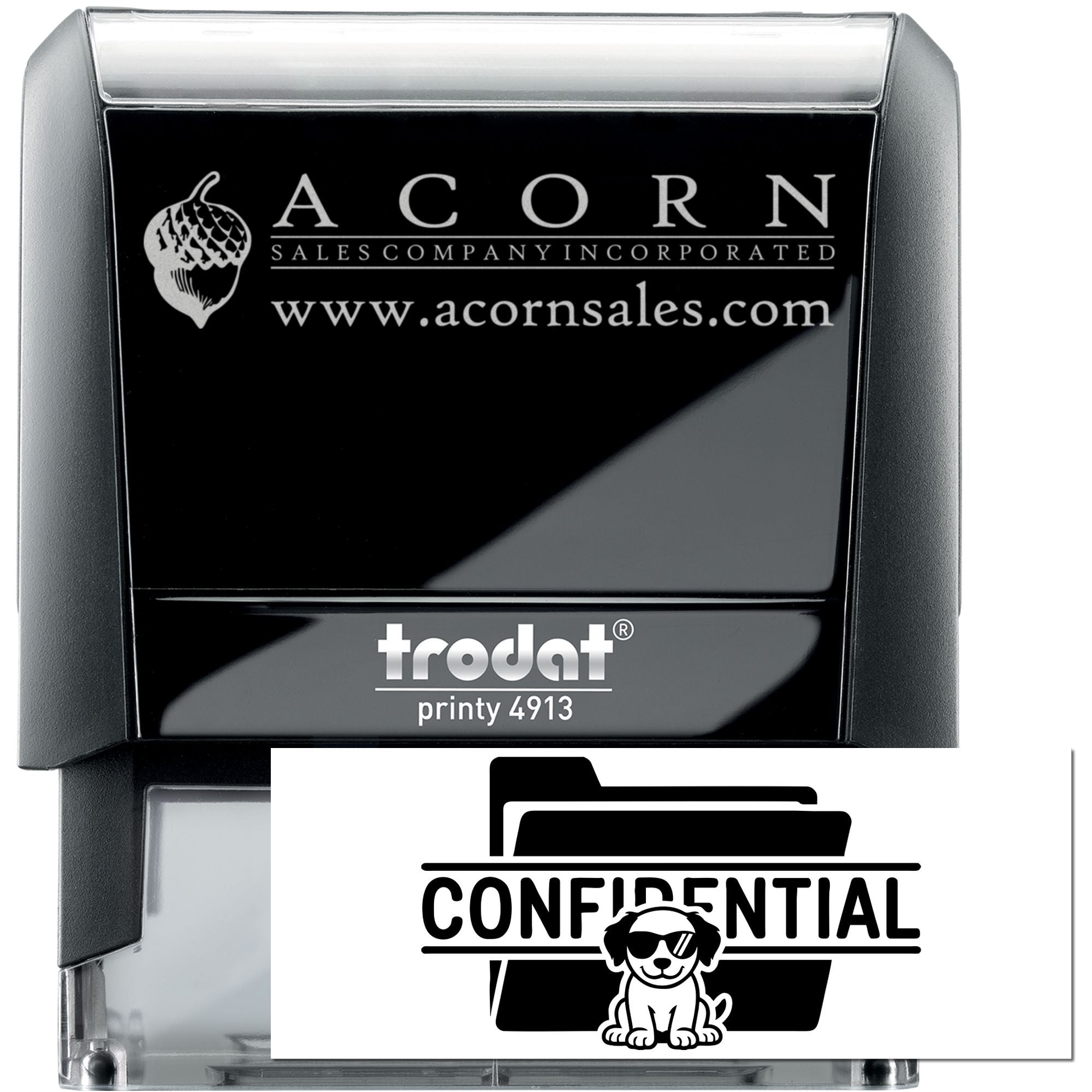 Trodat Printy 4913 self-inking custom rubber stamp with Acorn Sales logo and Confidential folder design