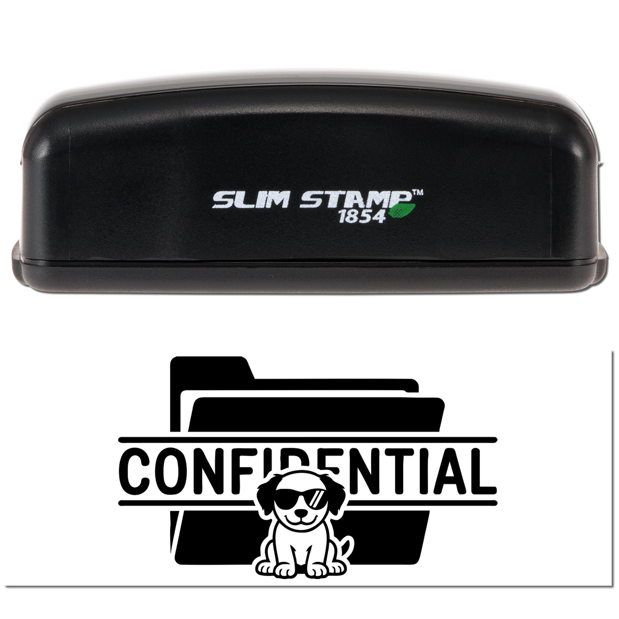 Slim Stamp 1854 self-inking confidential rubber stamp with dog logo for office files and document marking.