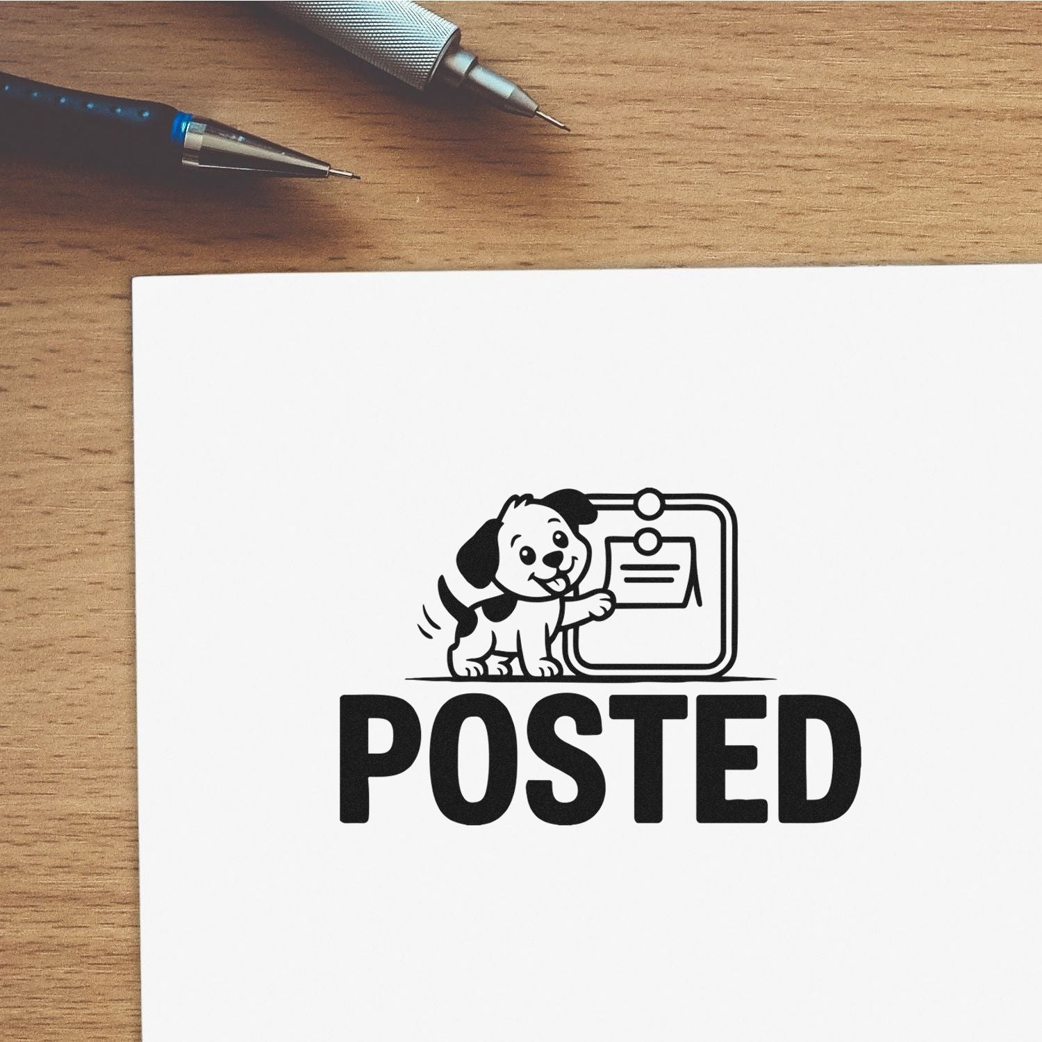 Posted rubber stamp design with dog and mail icon, perfect for custom pet-themed office or shipping stamps.
