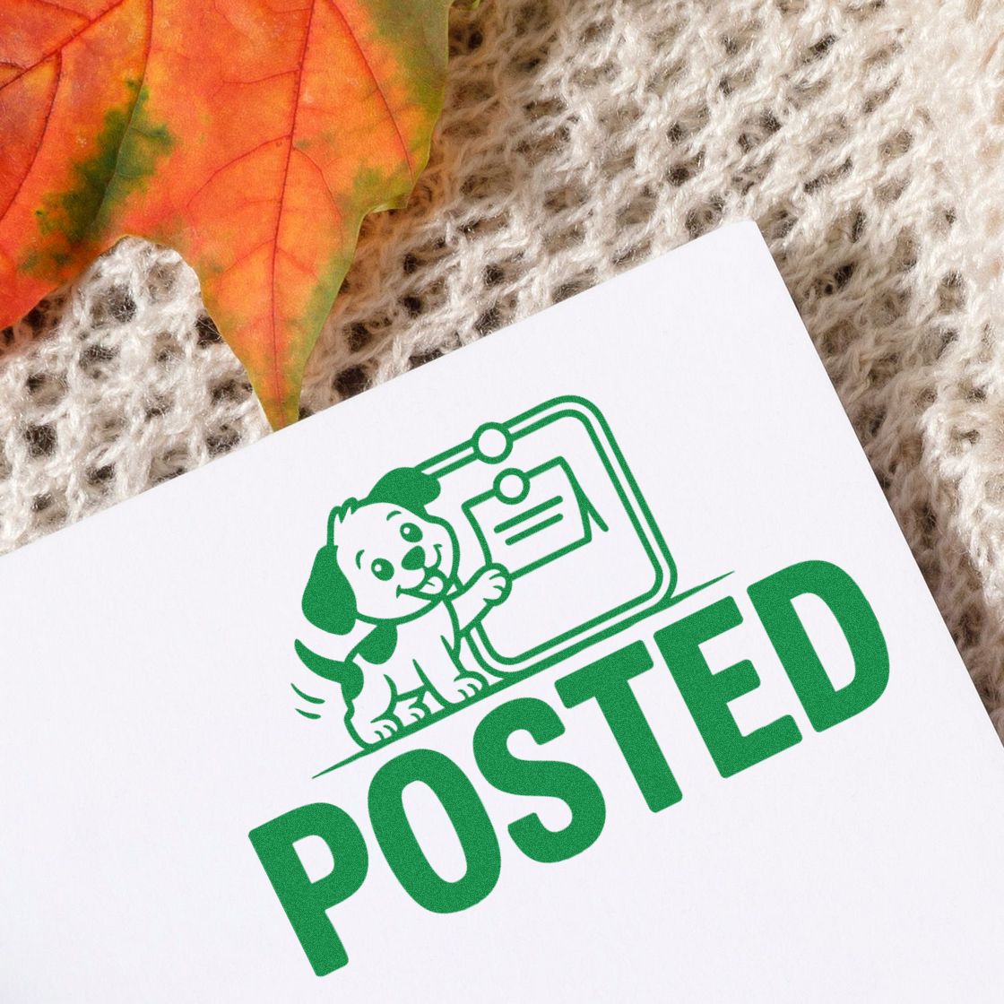 Green posted rubber stamp design with dog icon for office mail, shipping labels, and document marking.