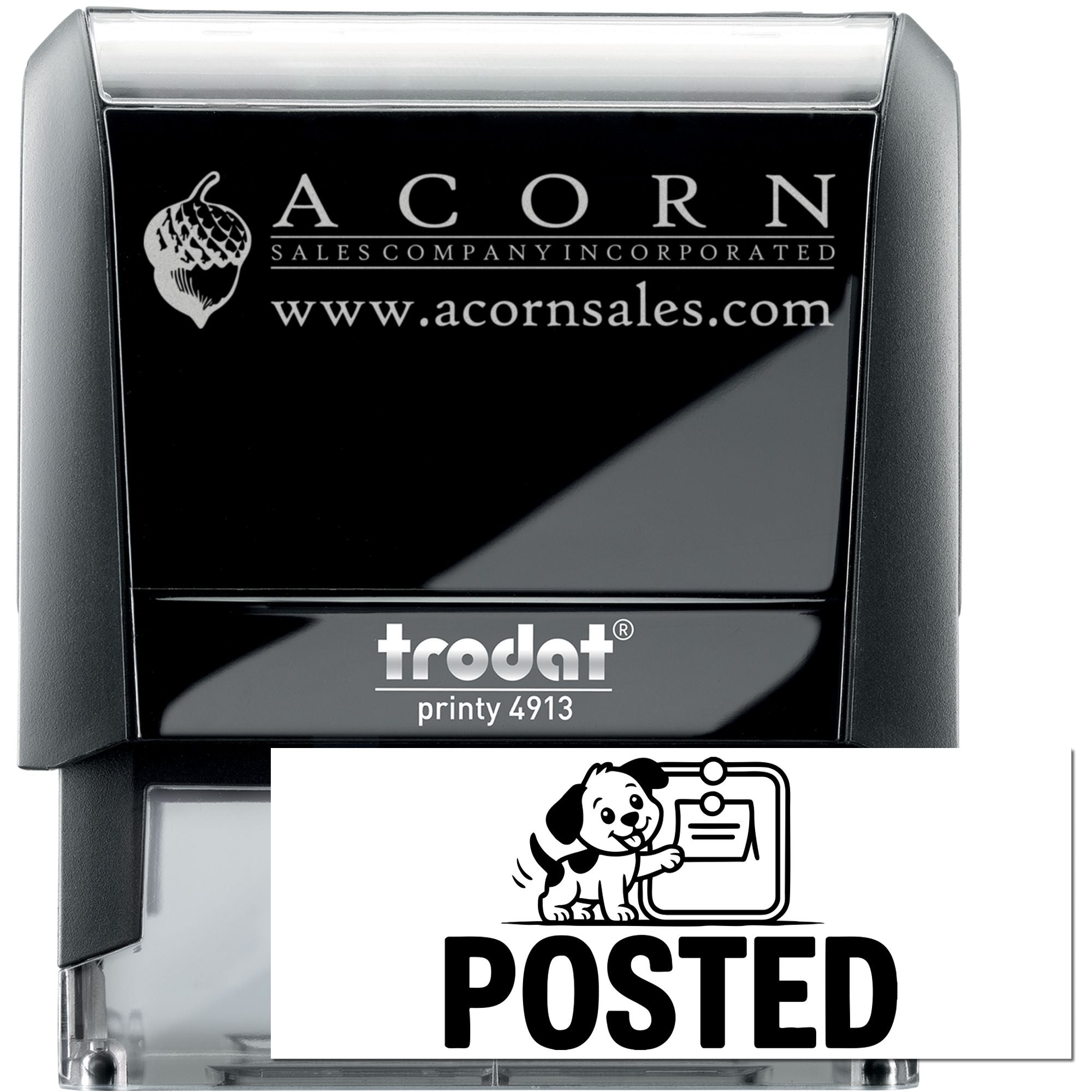 Trodat Printy 4913 self-inking rubber stamp with custom ACORN Sales logo, website, and Posted imprint.