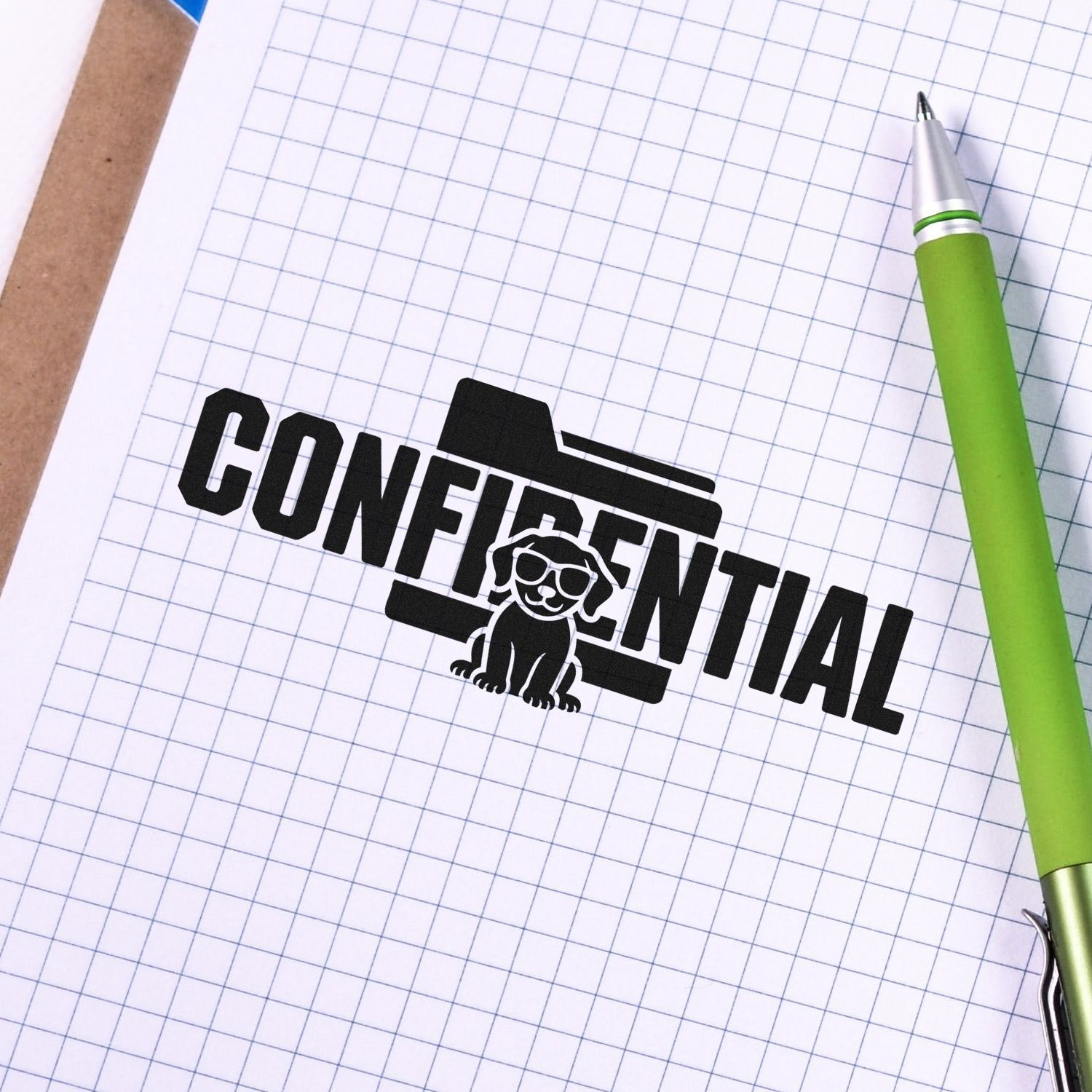 Confidential rubber stamp design with folder icon on graph paper, ideal for office document marking and security labeling.