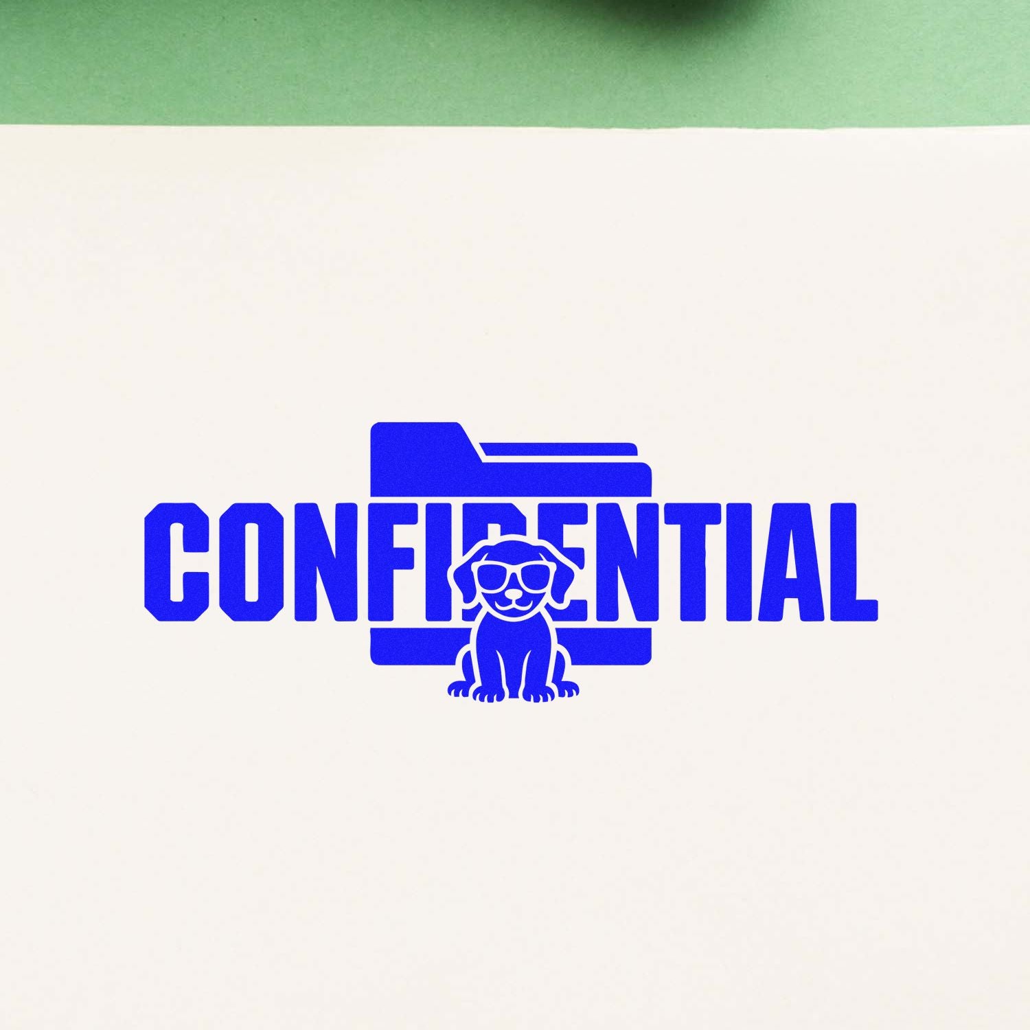 Confidential custom rubber stamp with folder icon and dog logo for office document marking.